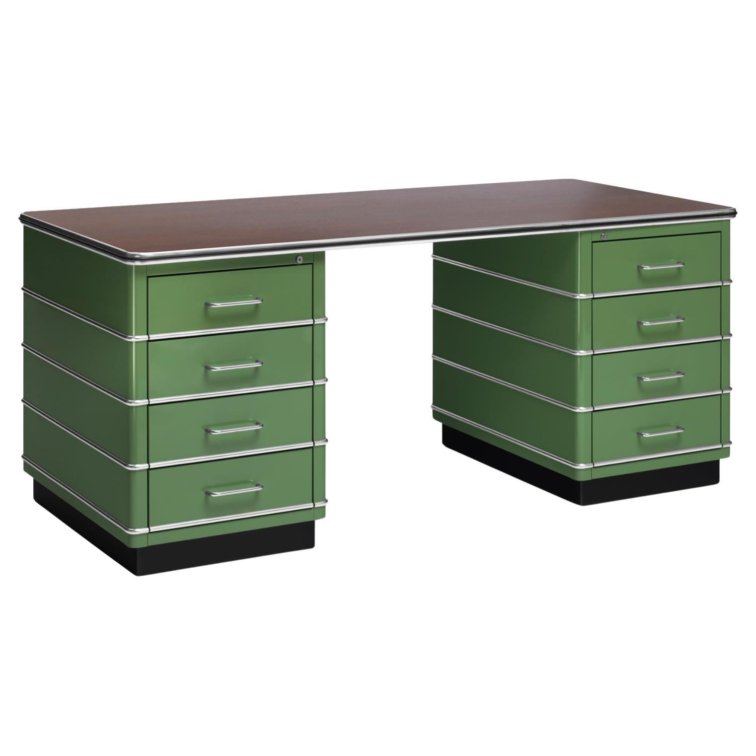 Bespoke Executive Metal Desk, Lacquered Steel, Walnut Veneer, Industrial Design