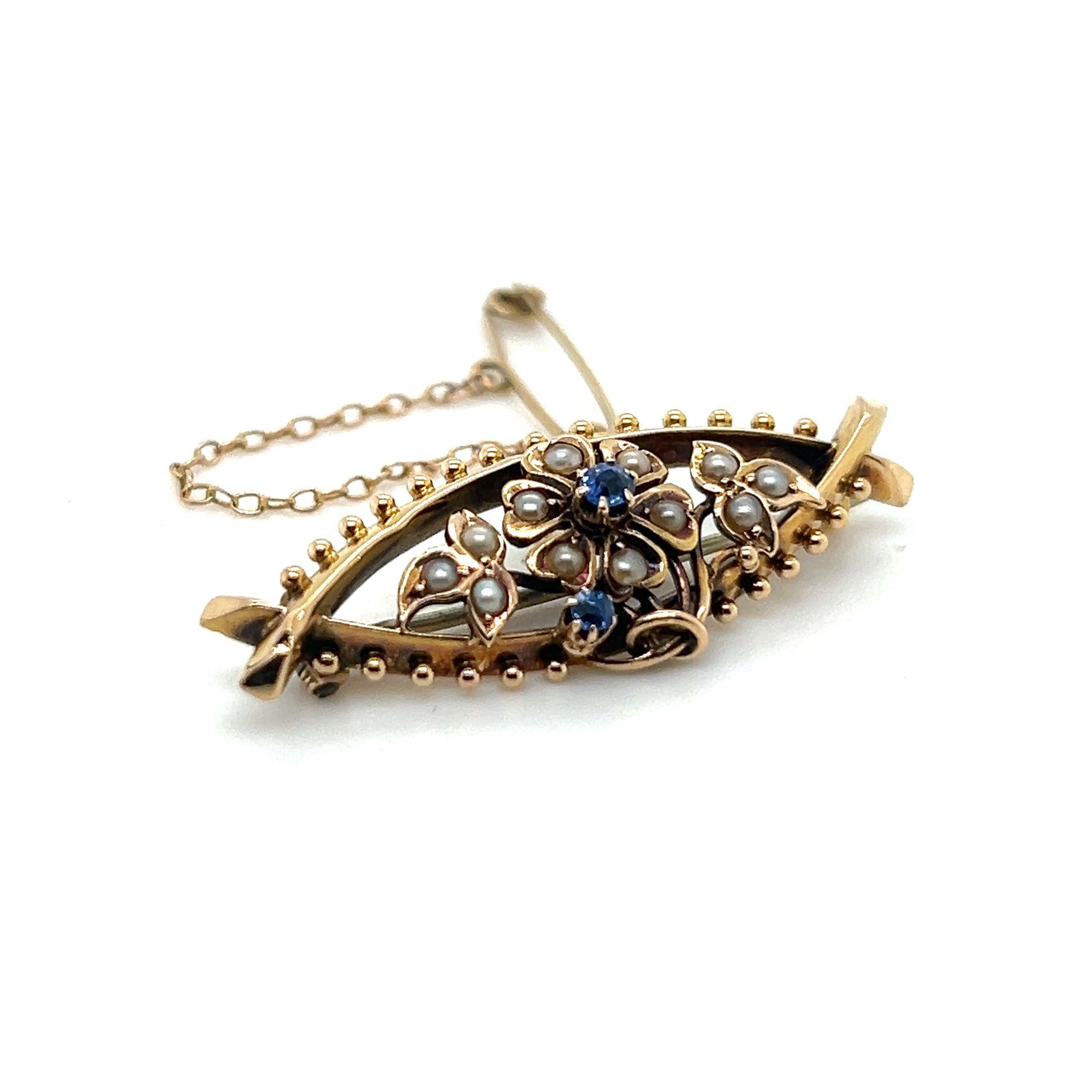 Brilliant Cut Bespoke Floral Sapphire & Pearl Brooch 4.02g