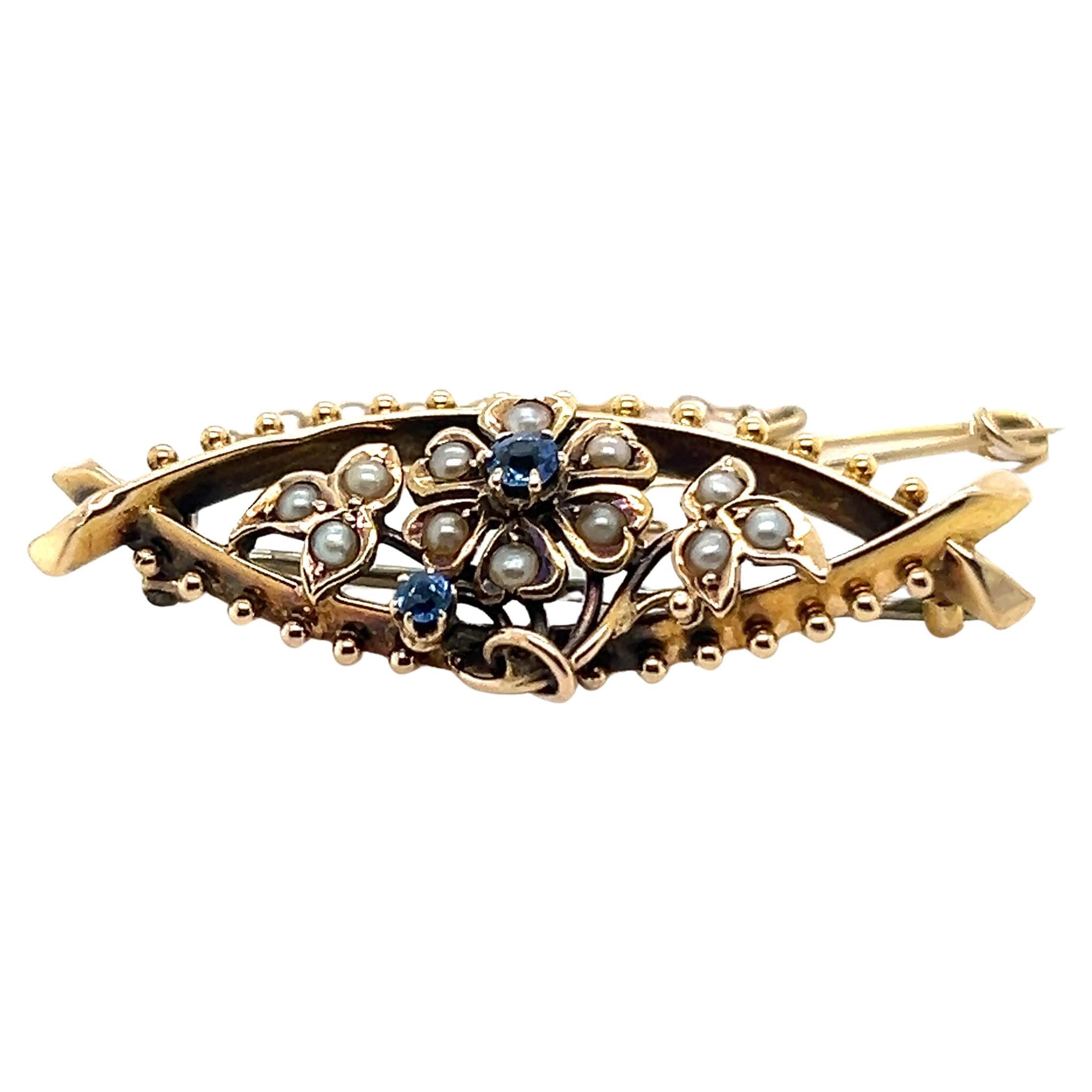 Bespoke Floral Sapphire & Pearl Brooch 4.02g For Sale