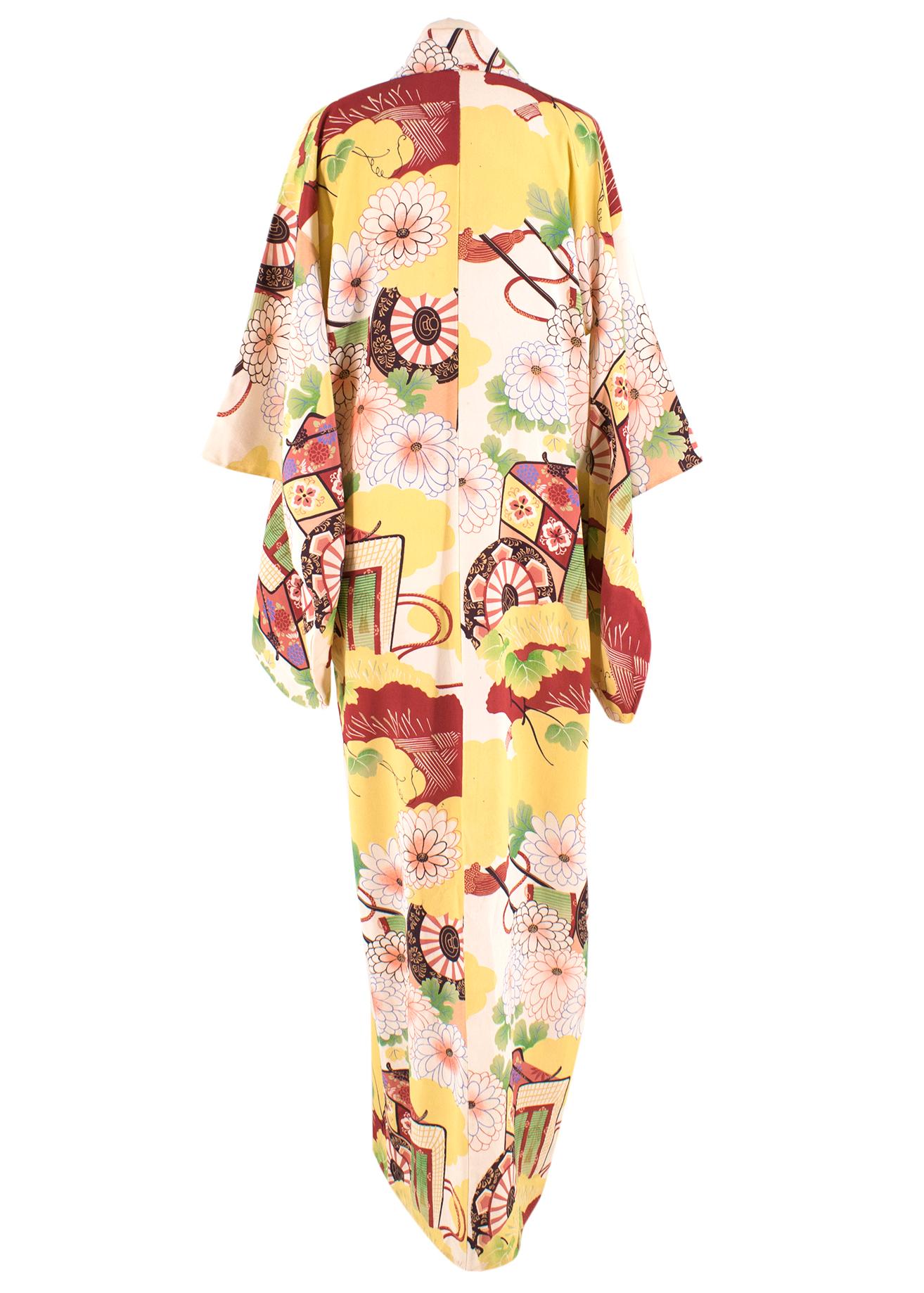 Beige Bespoke Floral Yellow Silk Blend Kimono one size