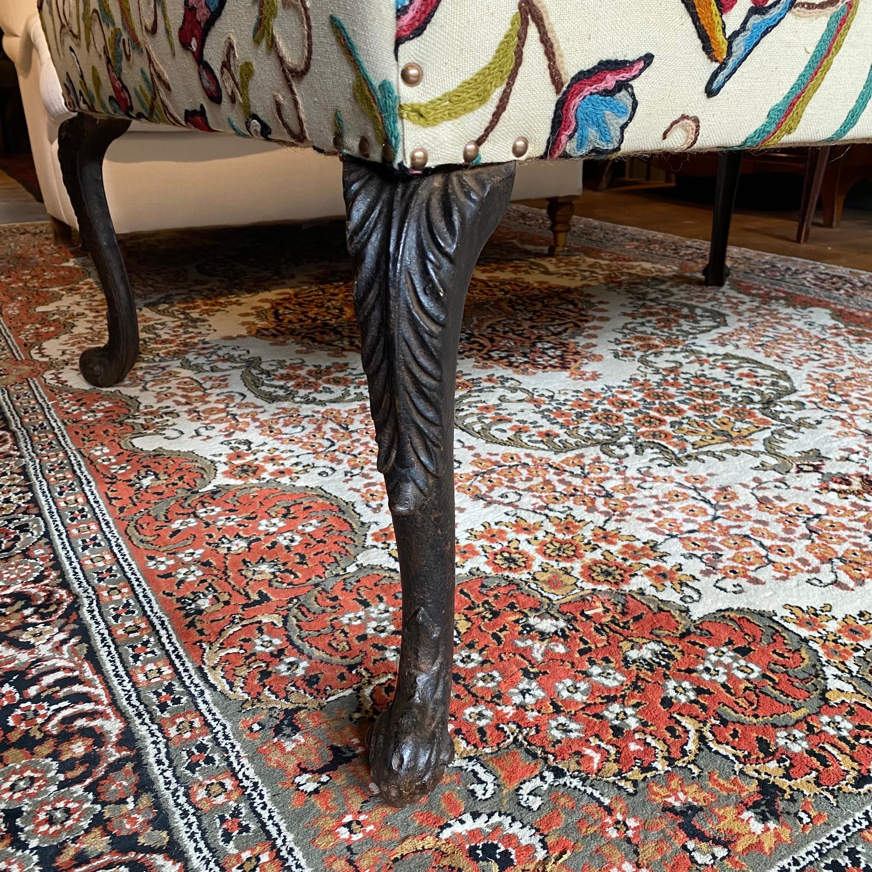 British Bespoke Footstool / Ottoman with Antique Cast Iron Legs and Vintage Crewel Work
