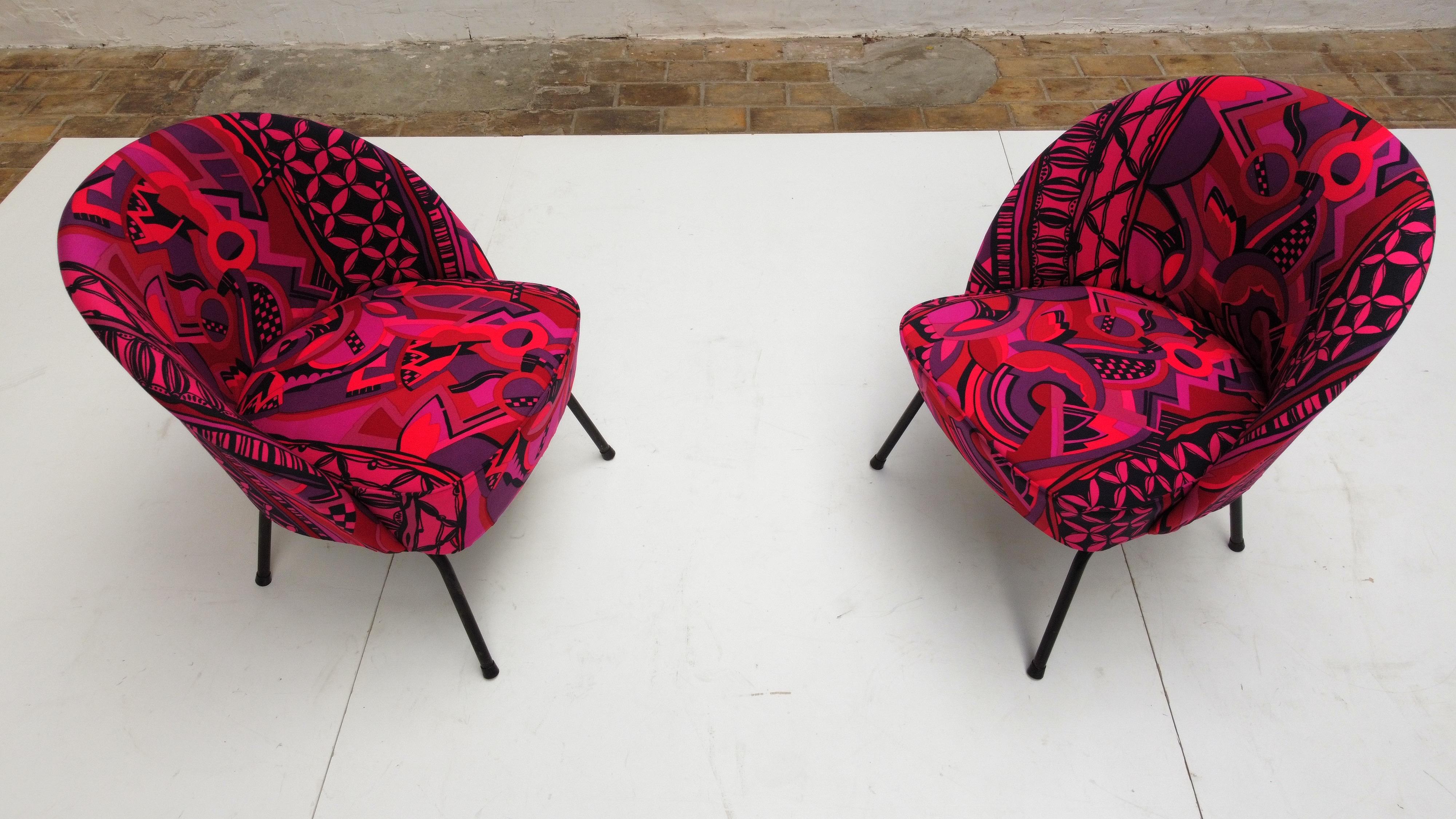 Bespoke Gianni Versace Fabric Custom Upholstered Pair of 1950's Cocktail Chairs For Sale 6