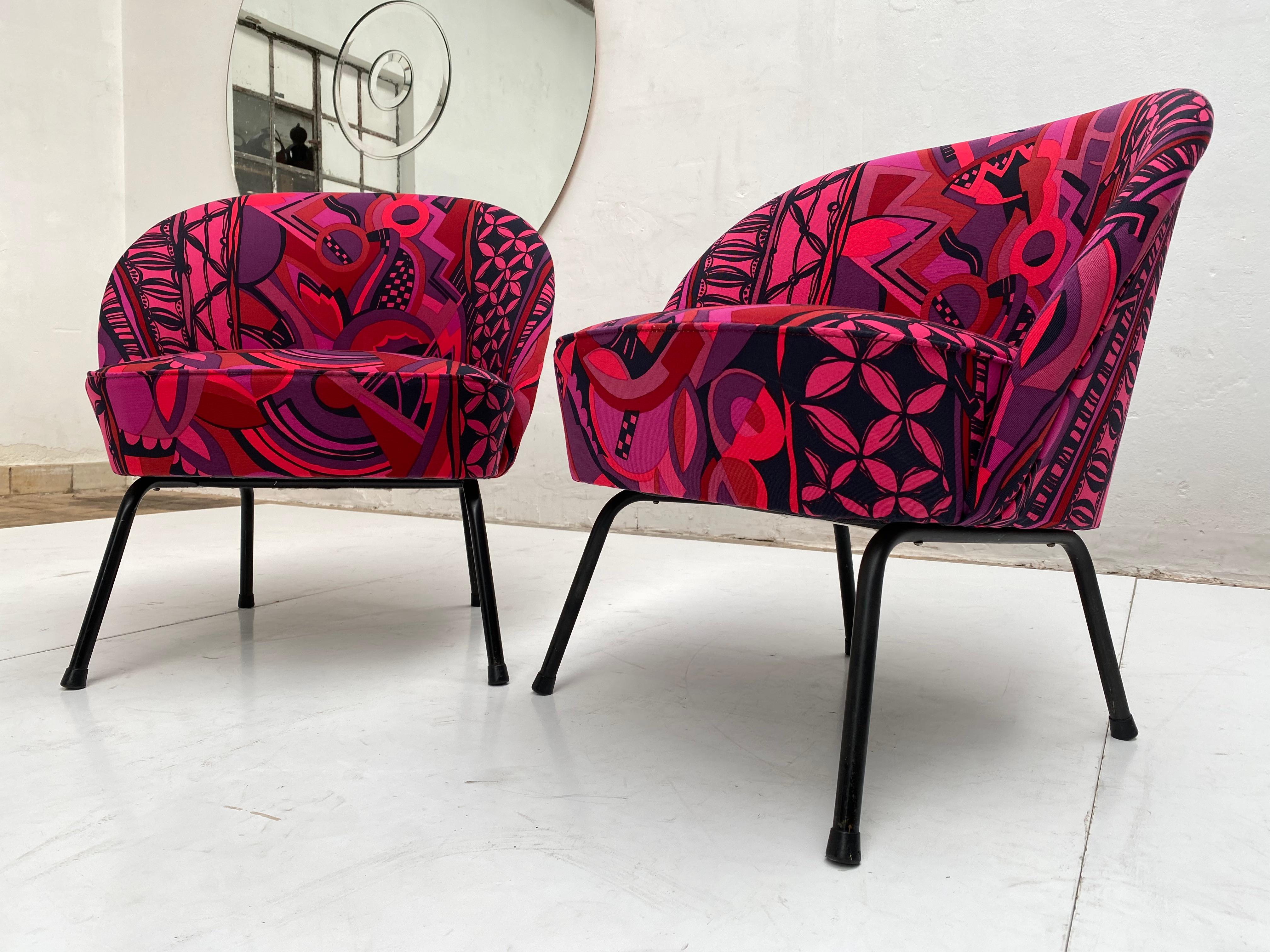 Mid-20th Century Bespoke Gianni Versace Fabric Custom Upholstered Pair of 1950's Cocktail Chairs For Sale