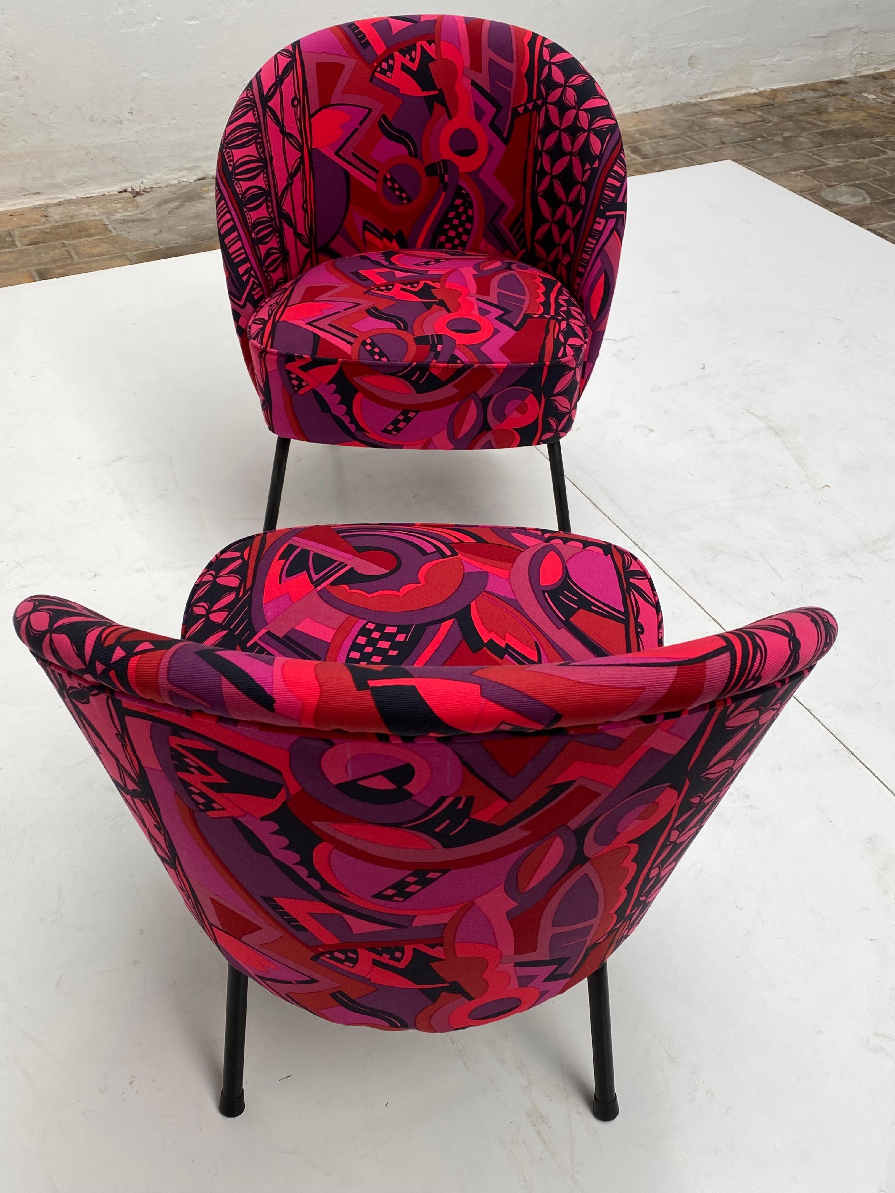 Mid-20th Century Bespoke Gianni Versace Fabric Custom Upholstered Pair of 1950's Cocktail Chairs For Sale