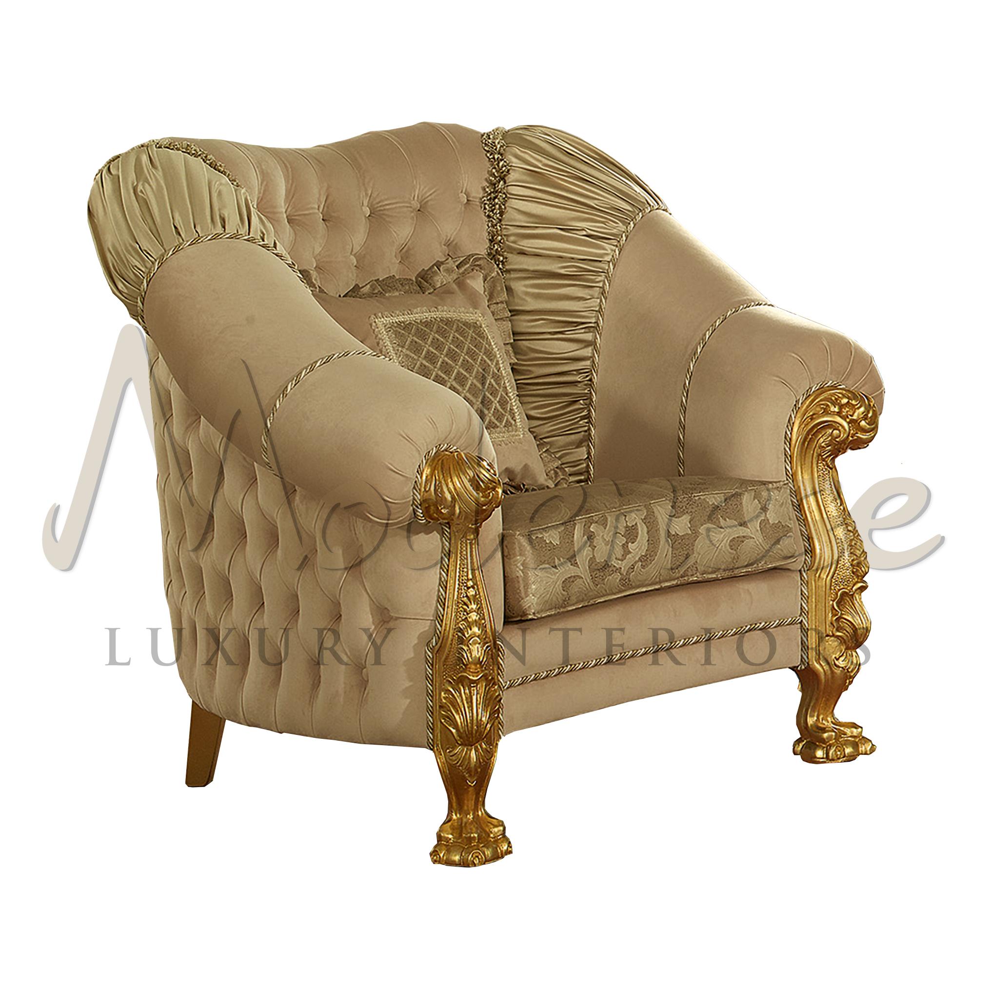 Luxury capitonne armchair with unique lion foot carved design. The seats are in mixed fabric and leather pattern. The capitonne upholstering is elegant in shape but yet very comfortable waraping around the outer and inner part of the chair.