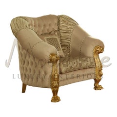Bespoke Gilded Armchair in Ivory Capitonne and Lion Carvings