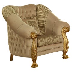 Bespoke Gilded Armchair in Ivory Capitonne and Lion Carvings