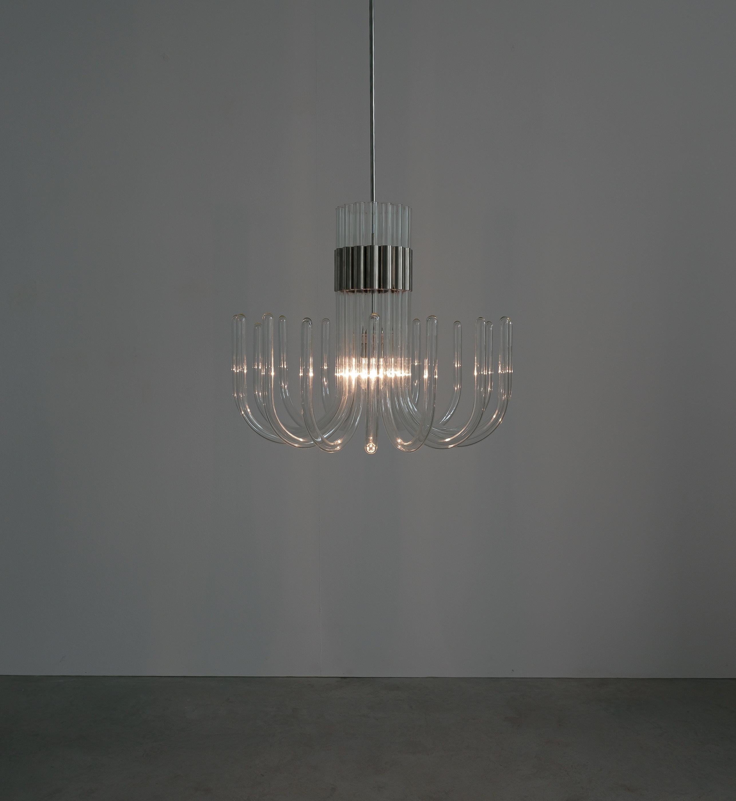 Mid-Century Modern Bespoke Glass and Chrome Chandelier, Italy, circa 1970 For Sale