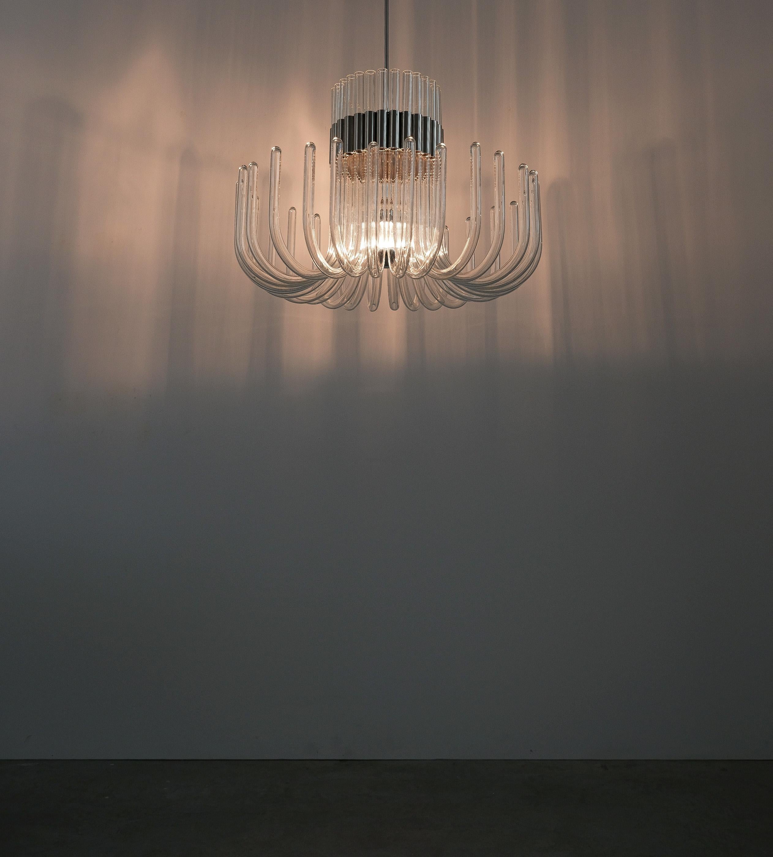 Italian Bespoke Glass and Chrome Chandelier, Italy, circa 1970 For Sale