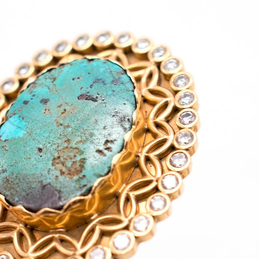 Bespoke Gold Ring with Large Turquoise Stone and Diamonds In Excellent Condition In London, GB