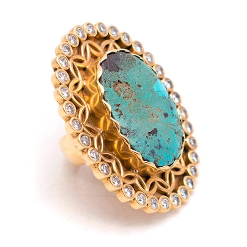 Bespoke Gold Ring with Large Turquoise Stone and Diamonds 1