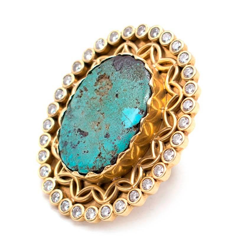 Bespoke Gold Ring with Large Turquoise Stone and Diamonds 2