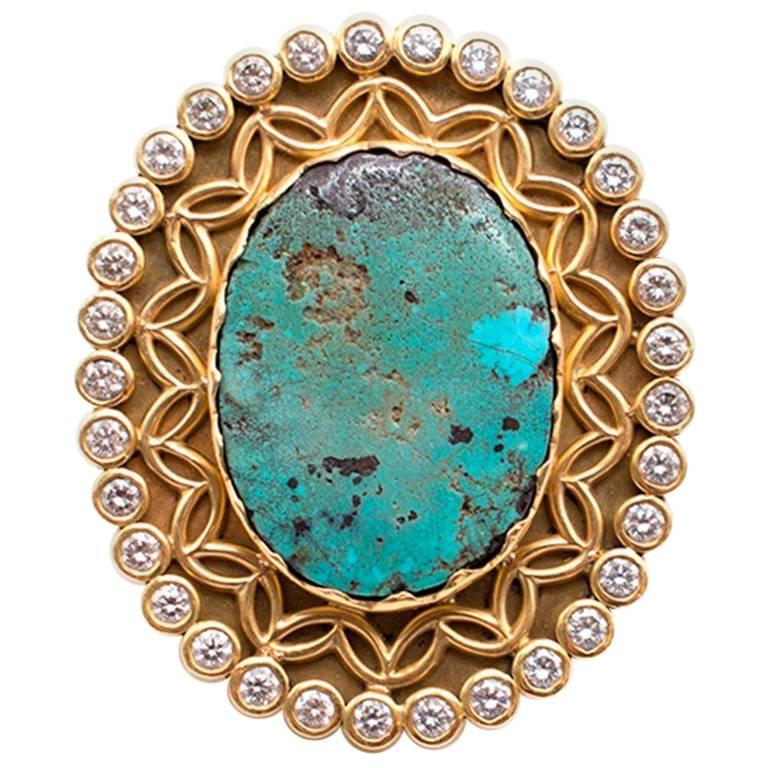 Bespoke Gold Ring with Large Turquoise Stone and Diamonds