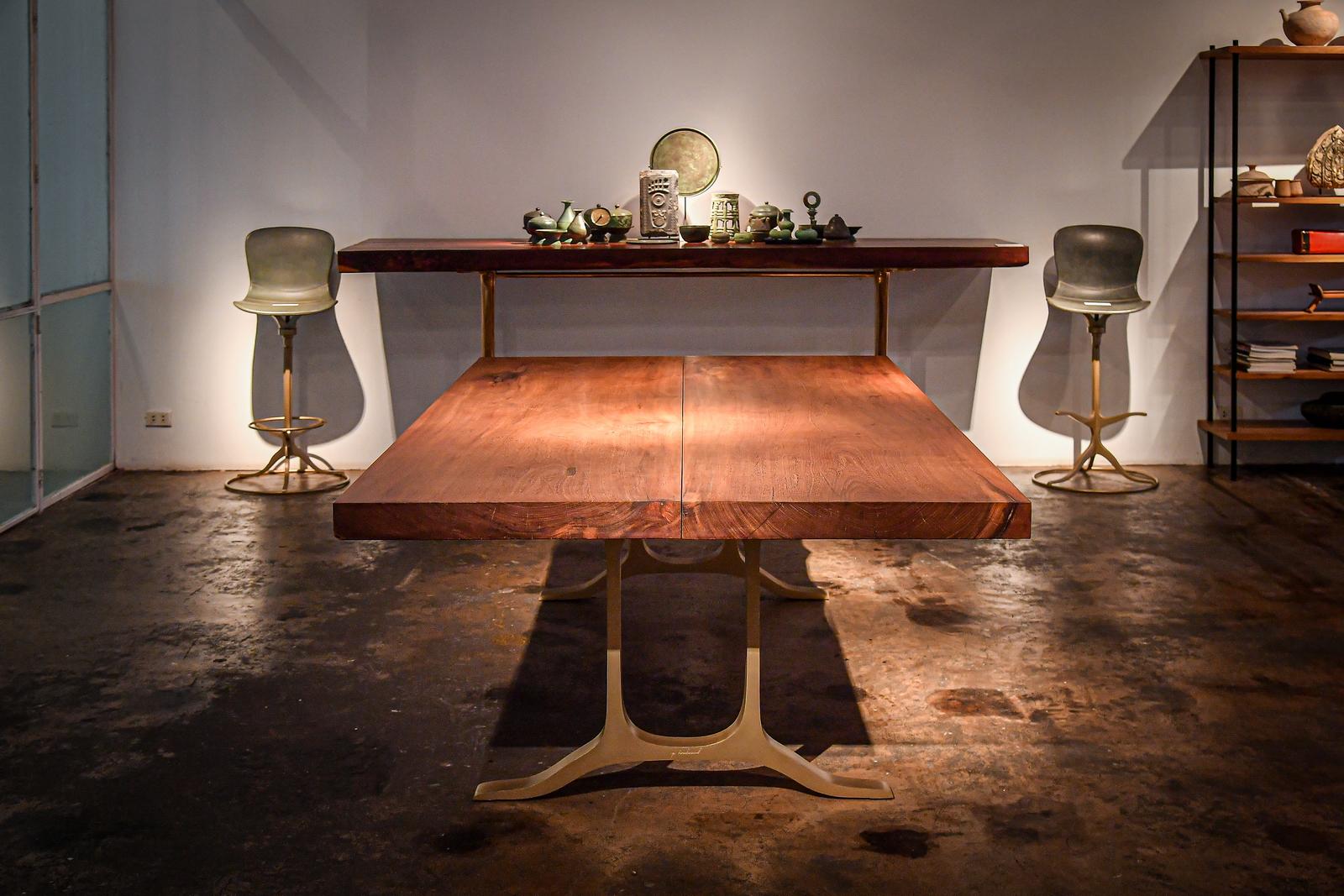Bespoke Grand Table, Antique Hardwood, Brass Base, by P. Tendercool  For Sale 11