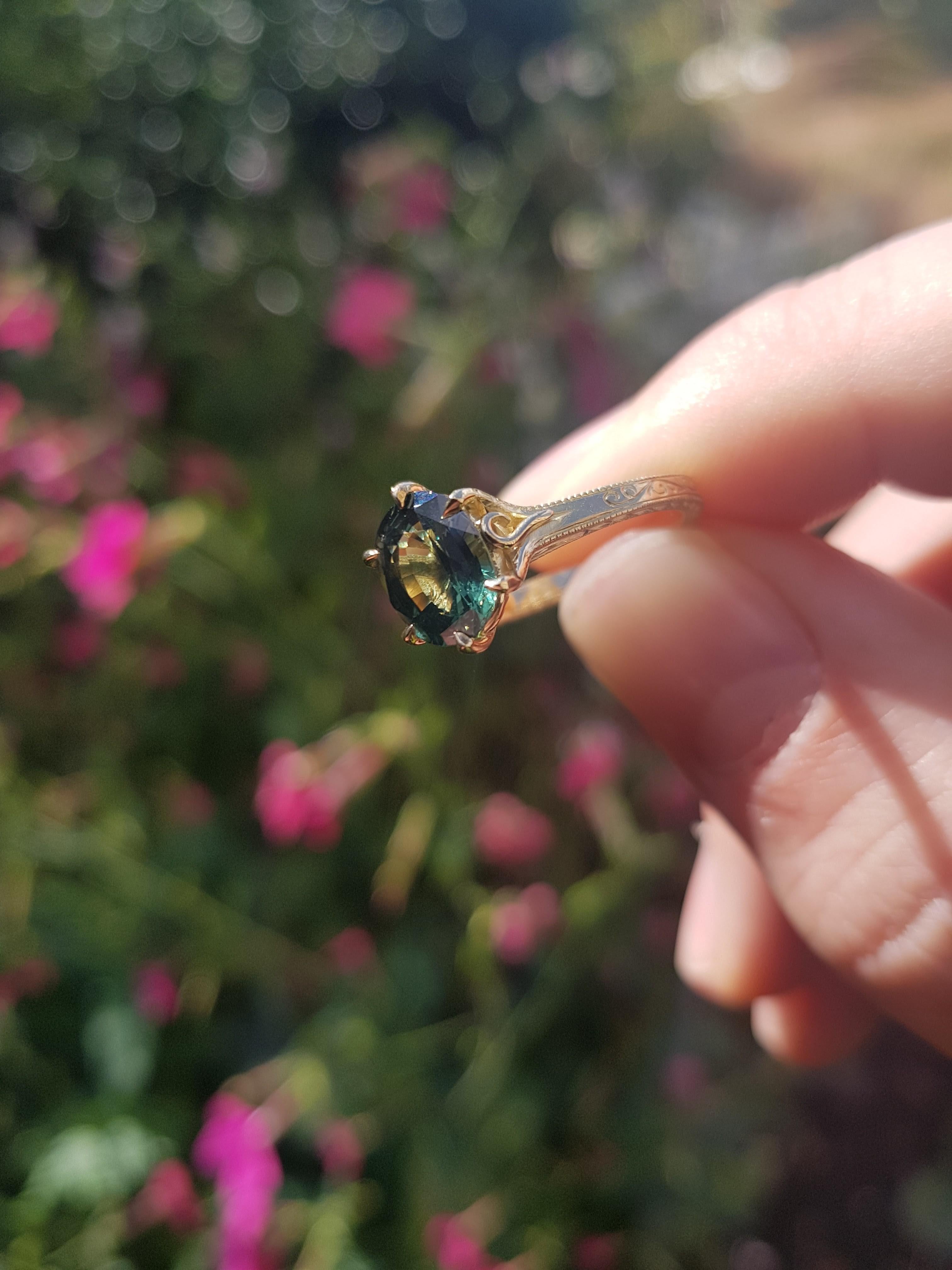 Art Nouveau Bespoke Green Sapphire Engagement Ring For Sale
