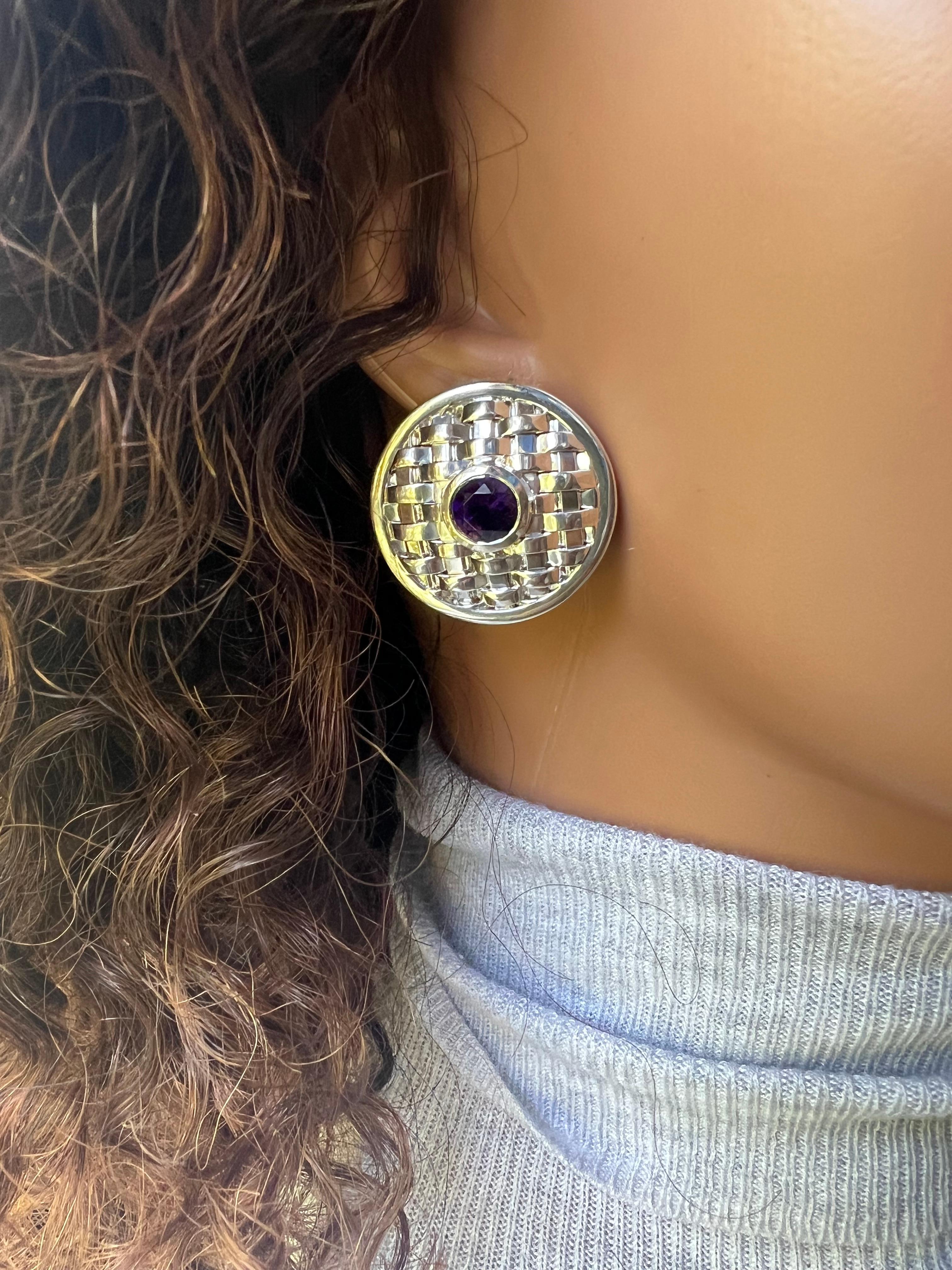 Round Cut Handmade Basket Rhodium Sterling Silver Stud Earrings - Traditional Basotho Art For Sale