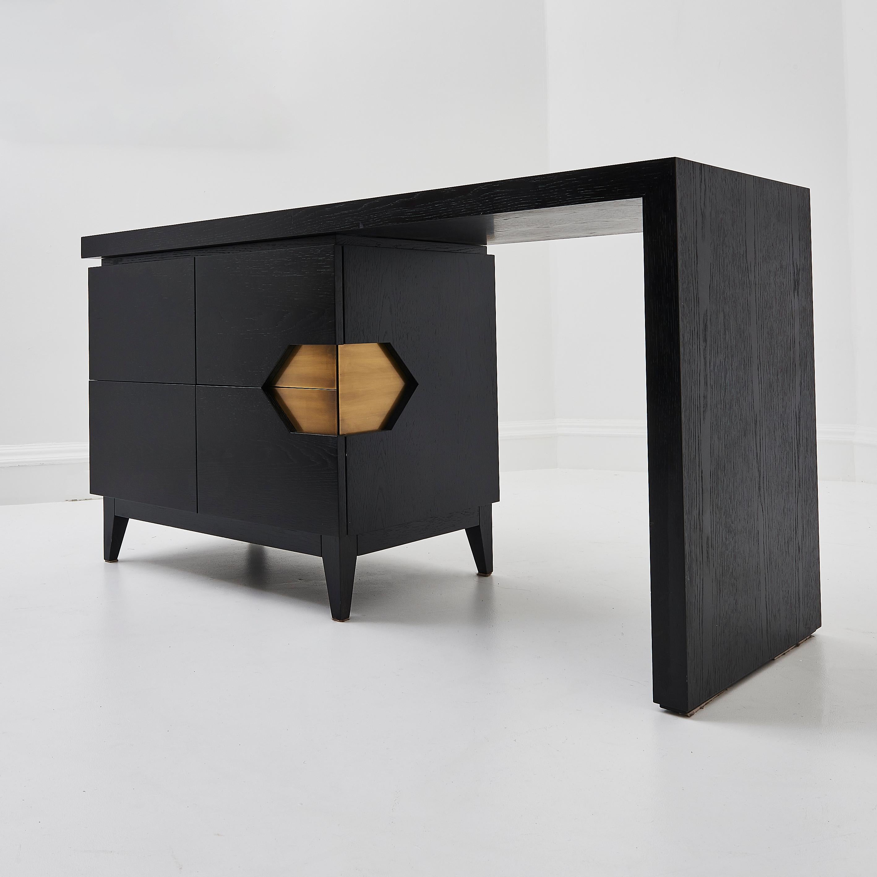 Bespoke Handmade In The UK Black Ash Solid Wood Desk With Brass Detailing For Sale 8