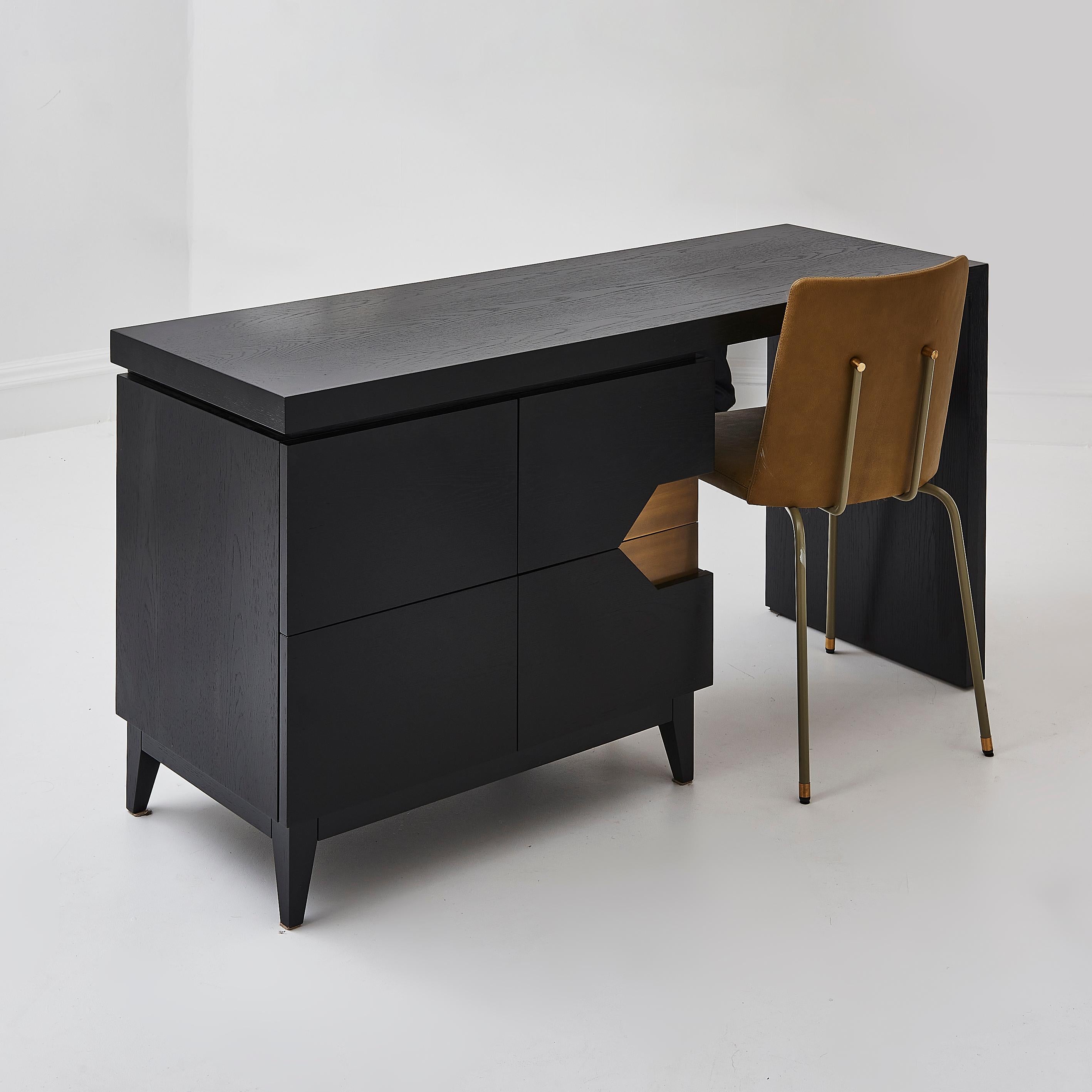 Art Deco Bespoke Handmade In The UK Black Ash Solid Wood Desk With Brass Detailing For Sale
