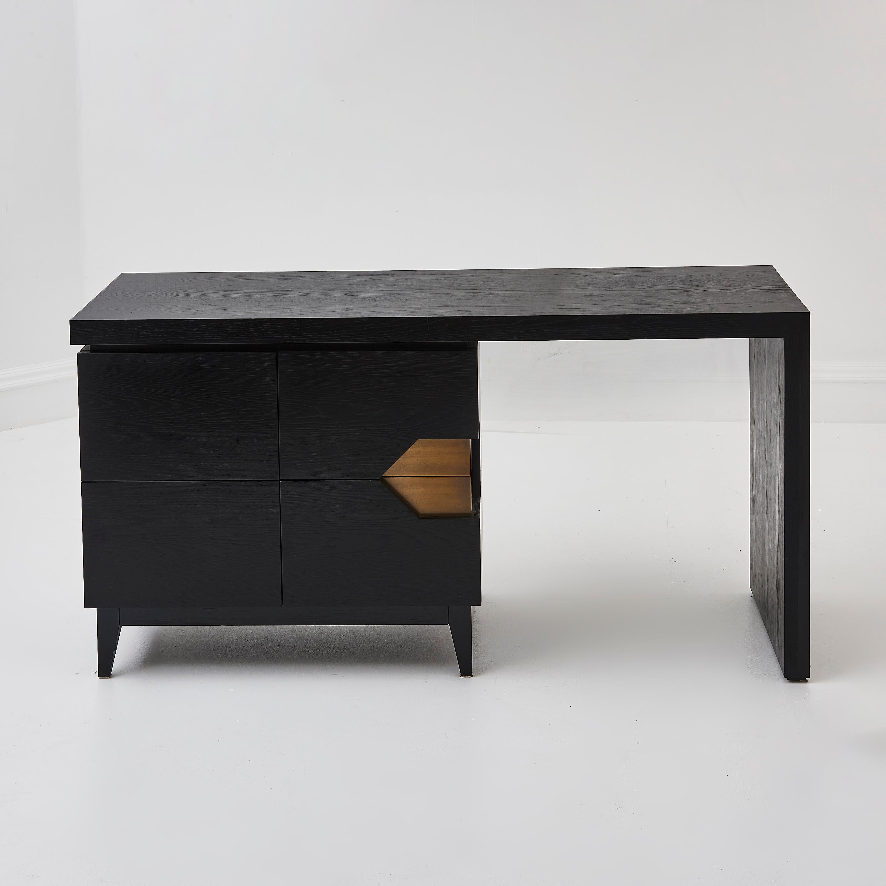 British Bespoke Handmade In The UK Black Ash Solid Wood Desk With Brass Detailing For Sale