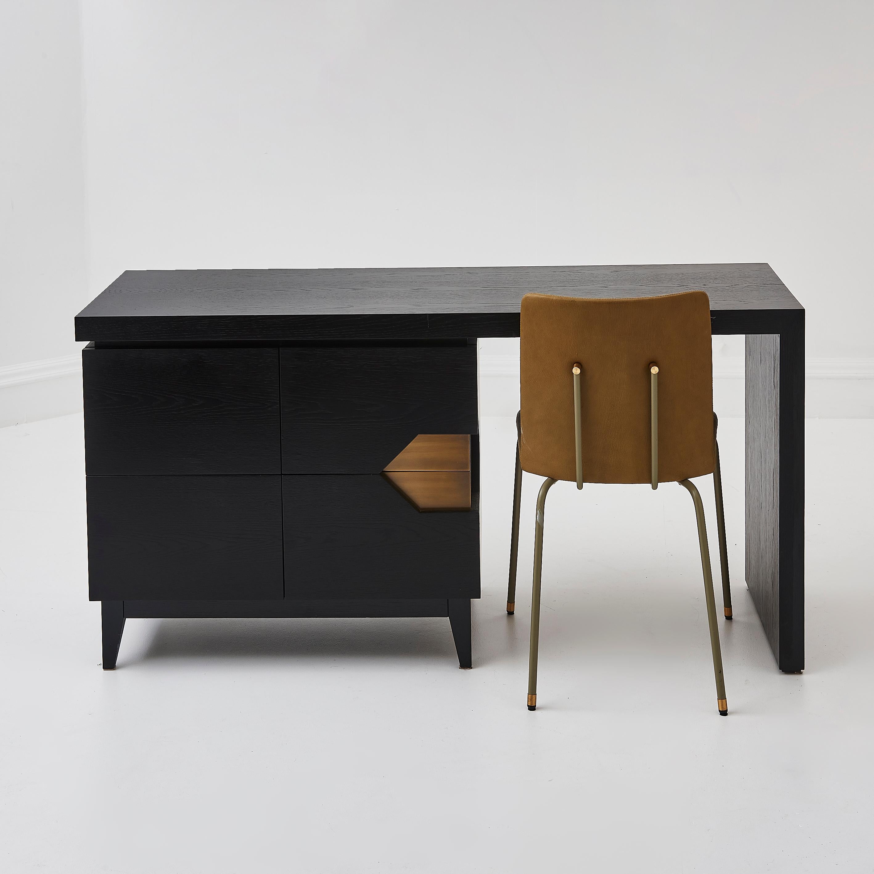Bespoke Handmade In The UK Black Ash Solid Wood Desk With Brass Detailing In Good Condition For Sale In London, GB