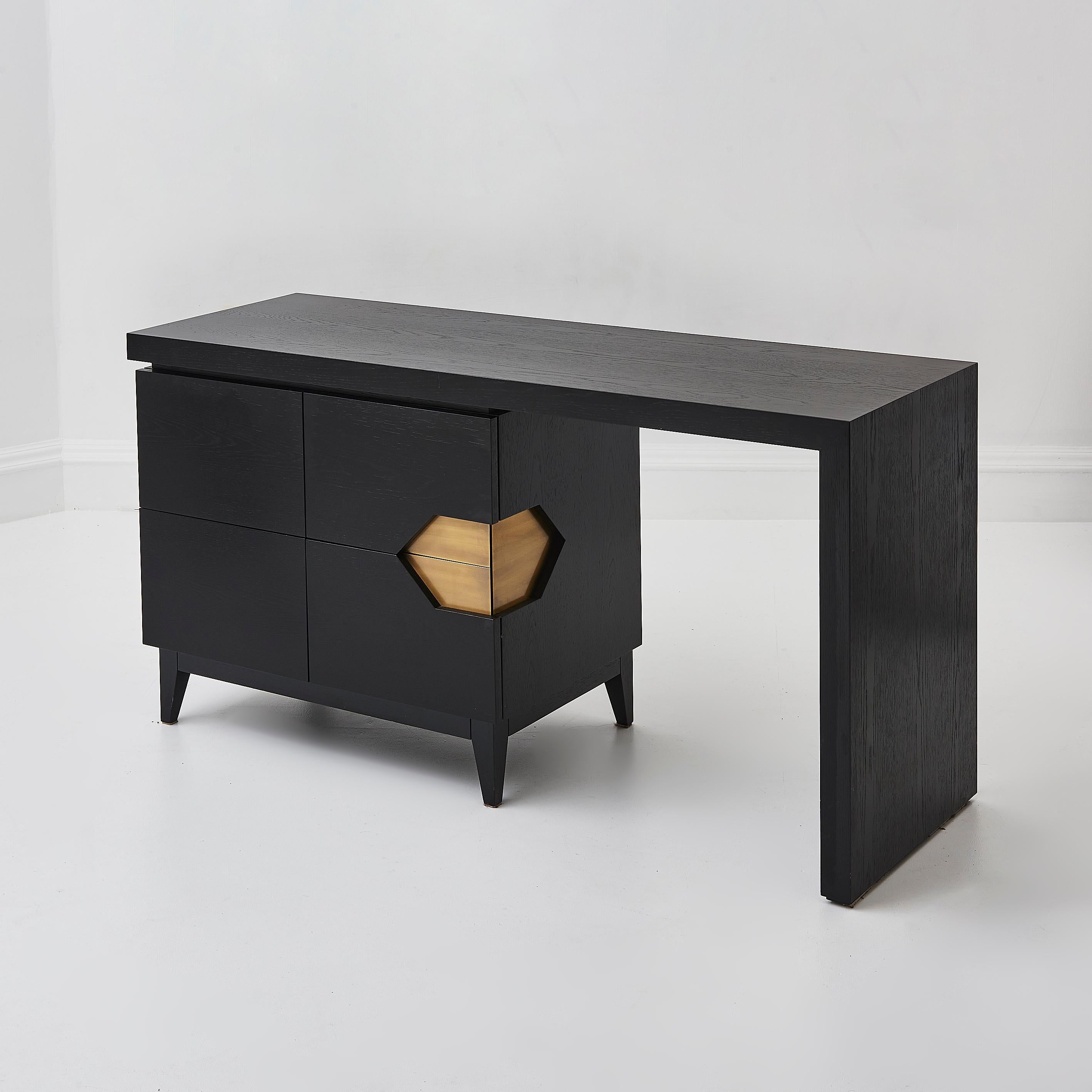 20th Century Bespoke Handmade In The UK Black Ash Solid Wood Desk With Brass Detailing For Sale