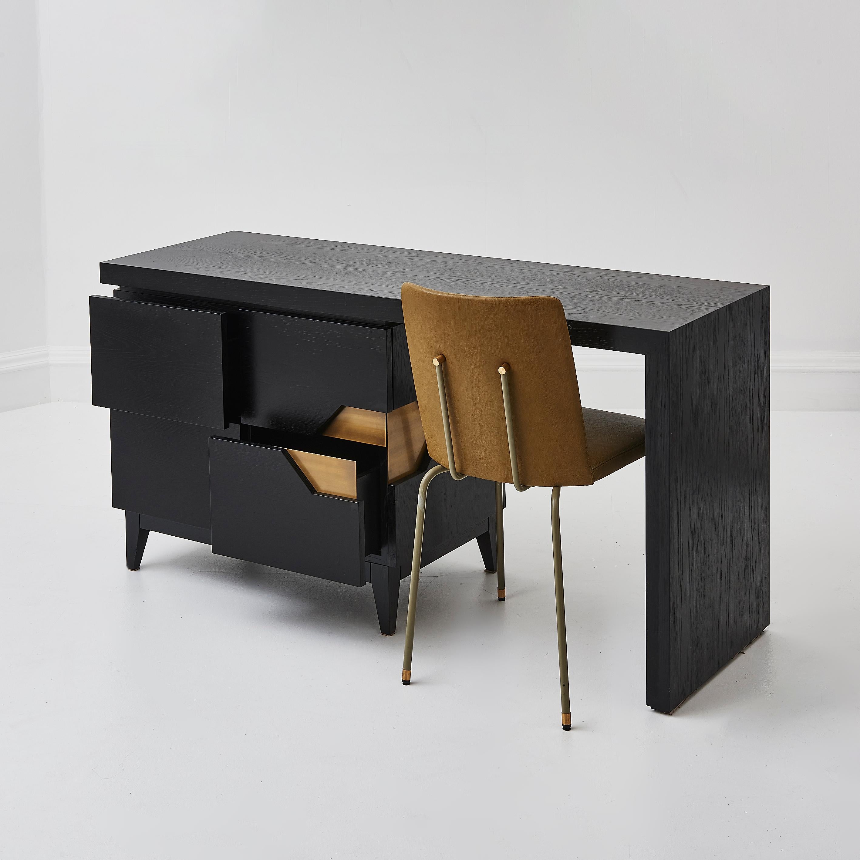 Bespoke Handmade In The UK Black Ash Solid Wood Desk With Brass Detailing For Sale 1