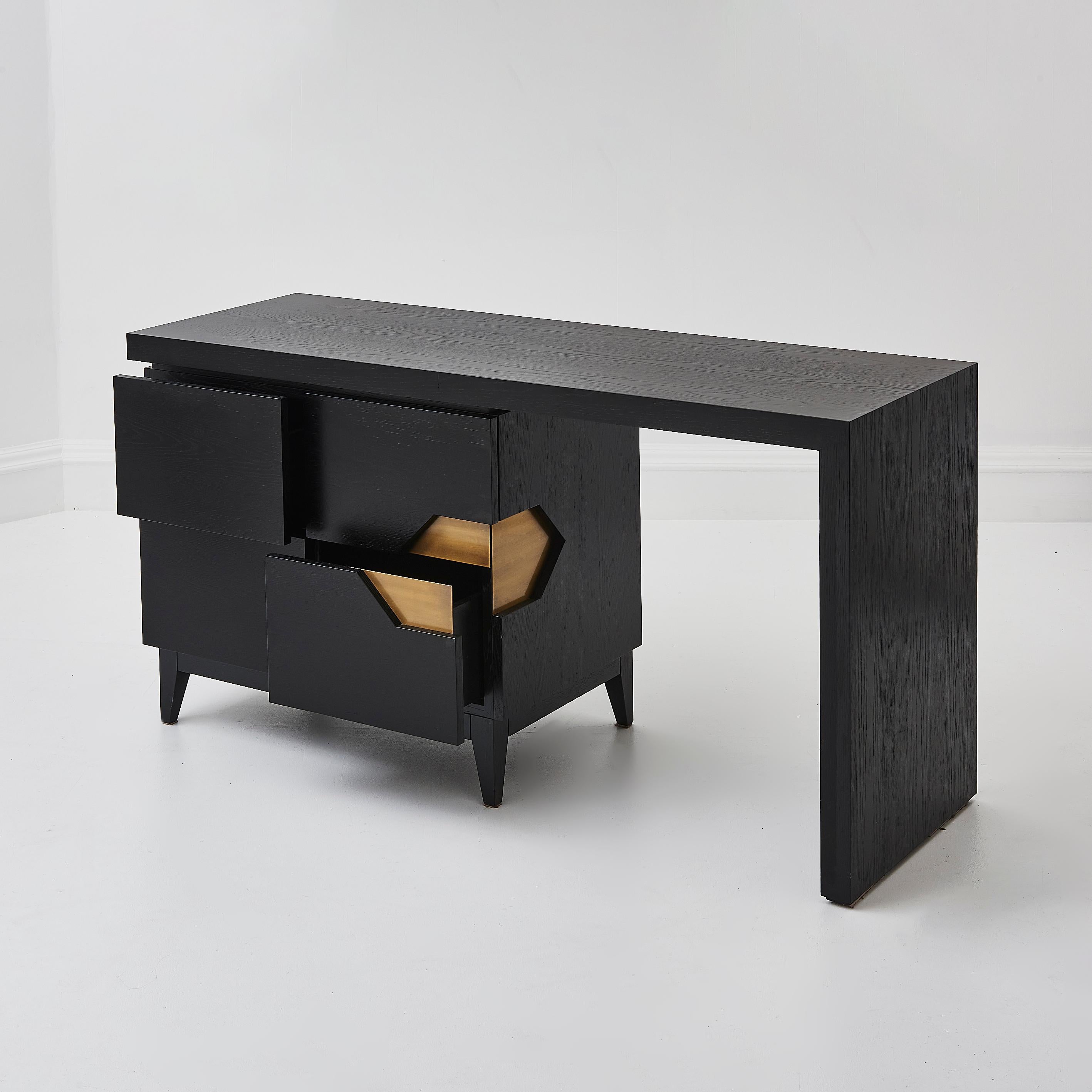 Bespoke Handmade In The UK Black Ash Solid Wood Desk With Brass Detailing For Sale 2