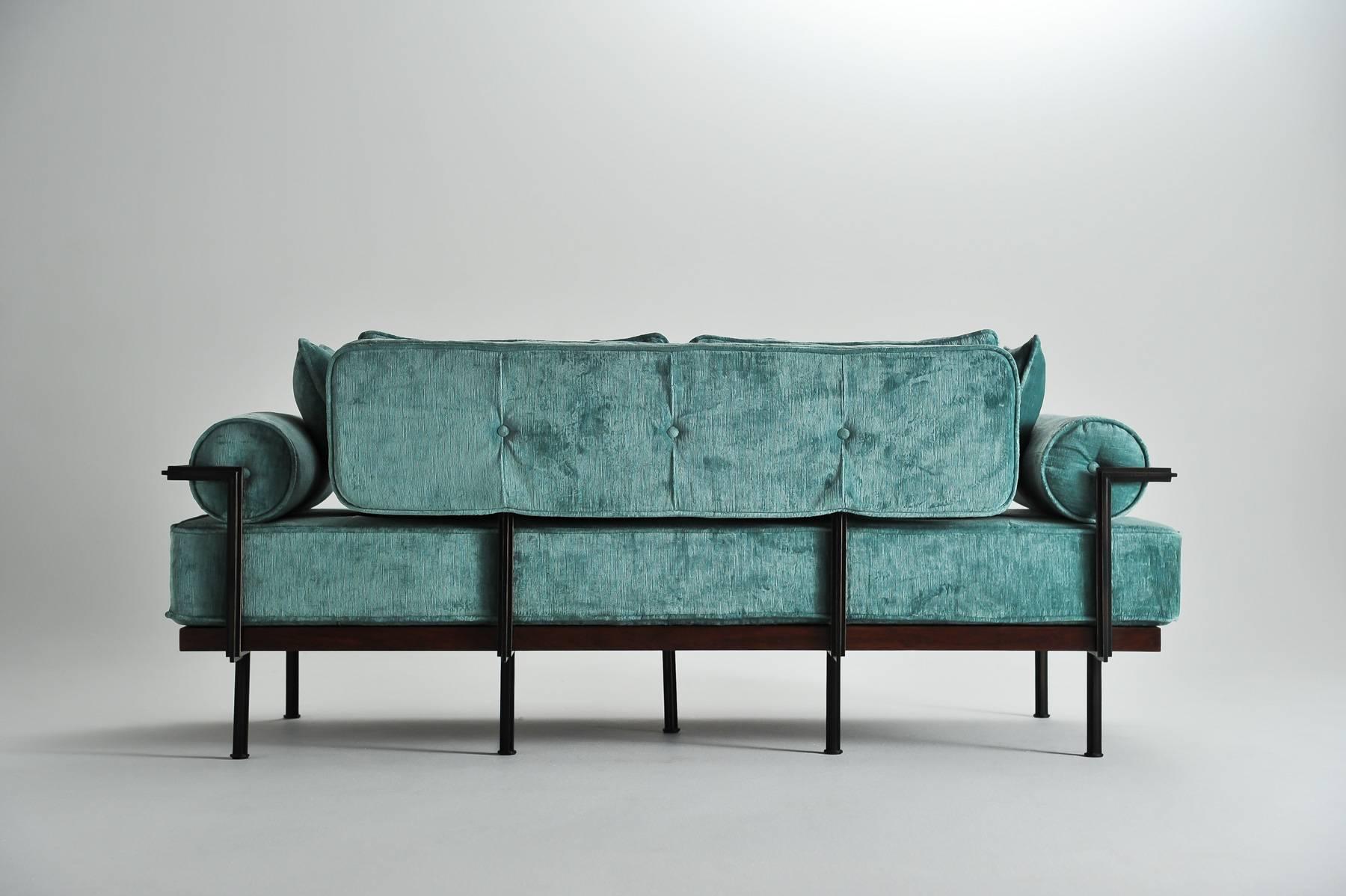 Mid-Century Modern Bespoke 2 Seater Sofa Reclaimed Hardwood & Brass Frame by P. Tendercool (Indoor) For Sale