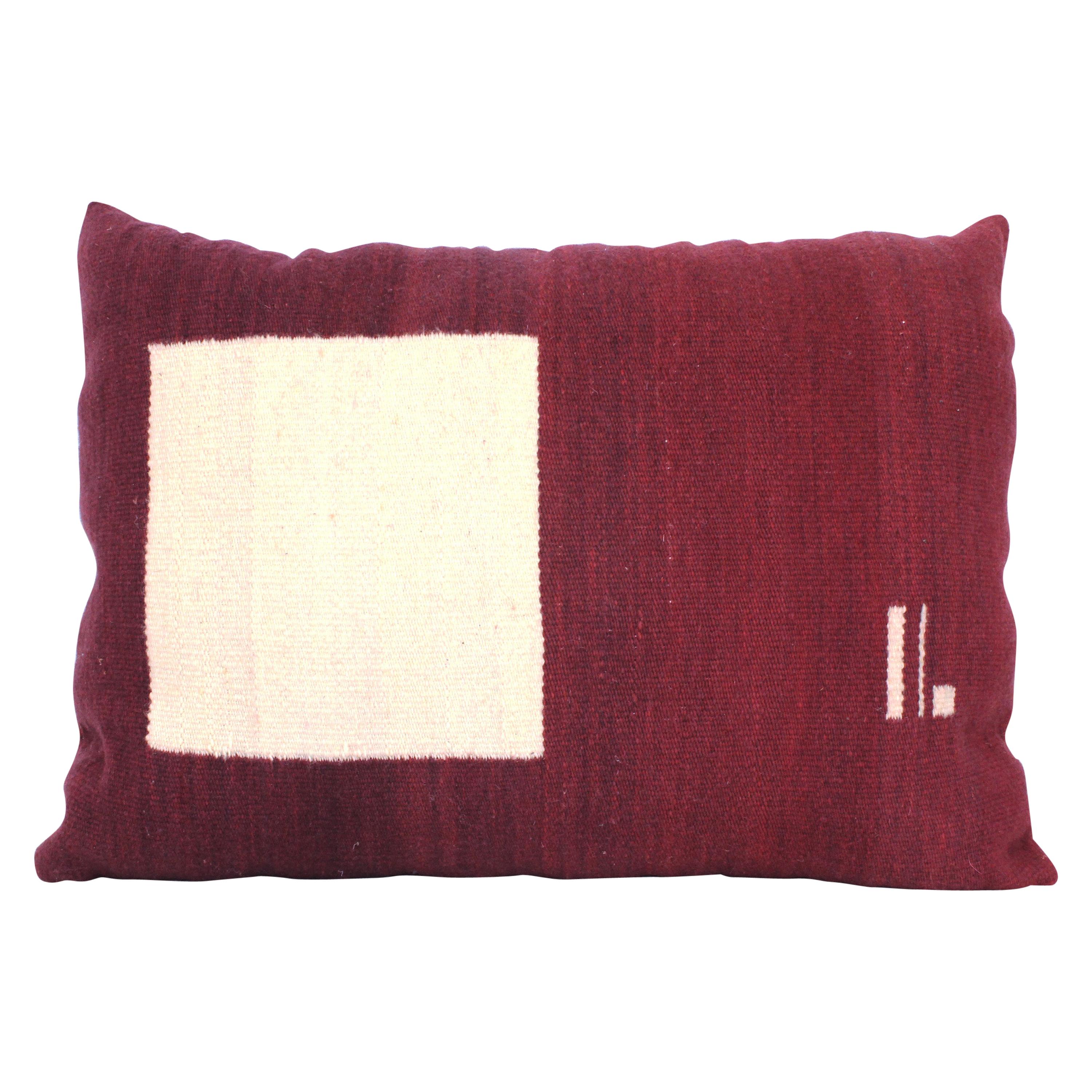 Bespoke Handwoven Wool Throw Pillow, Natural Dye, Maroon and Cream