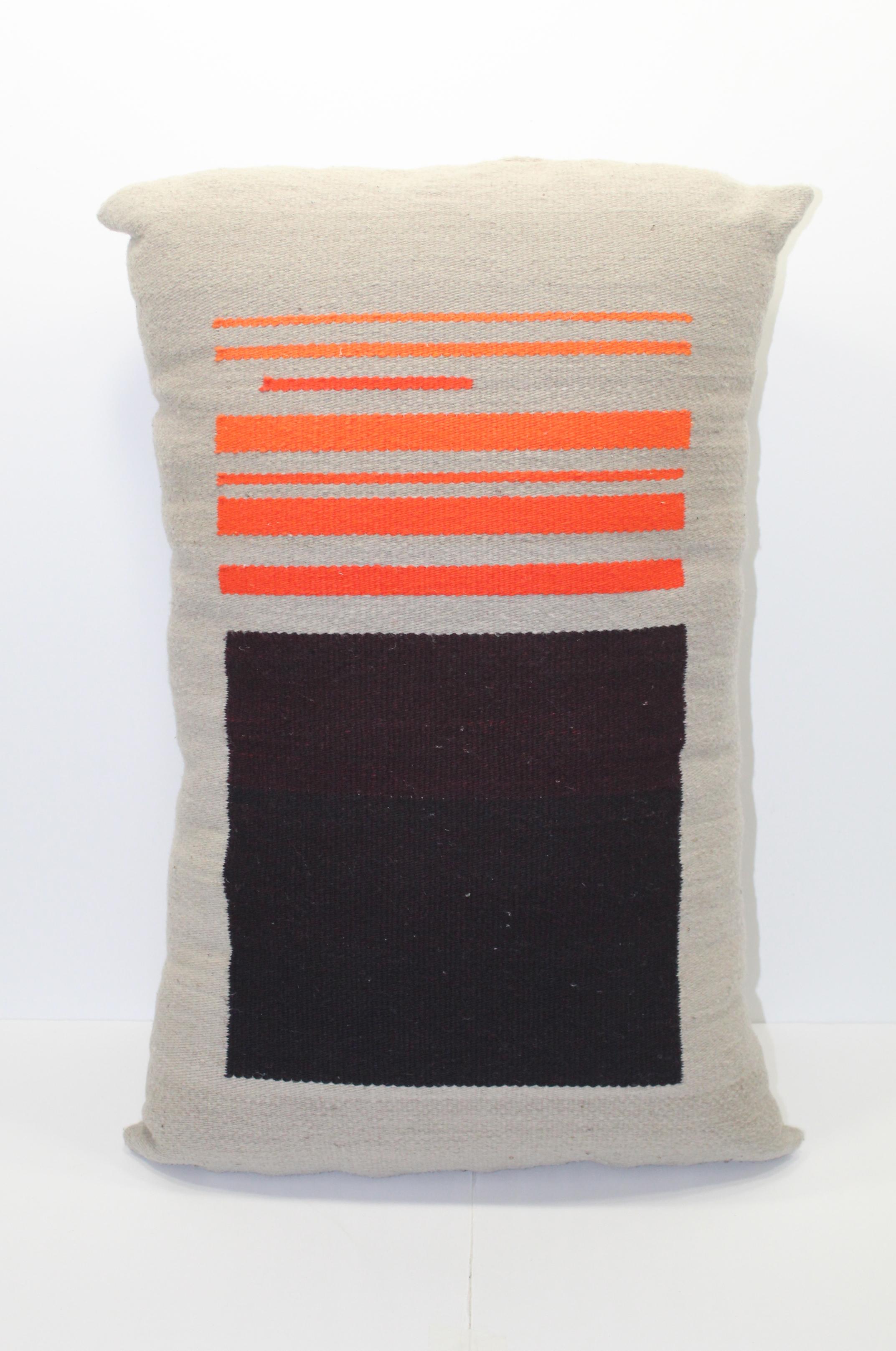 Modern Bespoke Handwoven Wool Throw Pillow, Natural Dye, Red, Orange and Grey