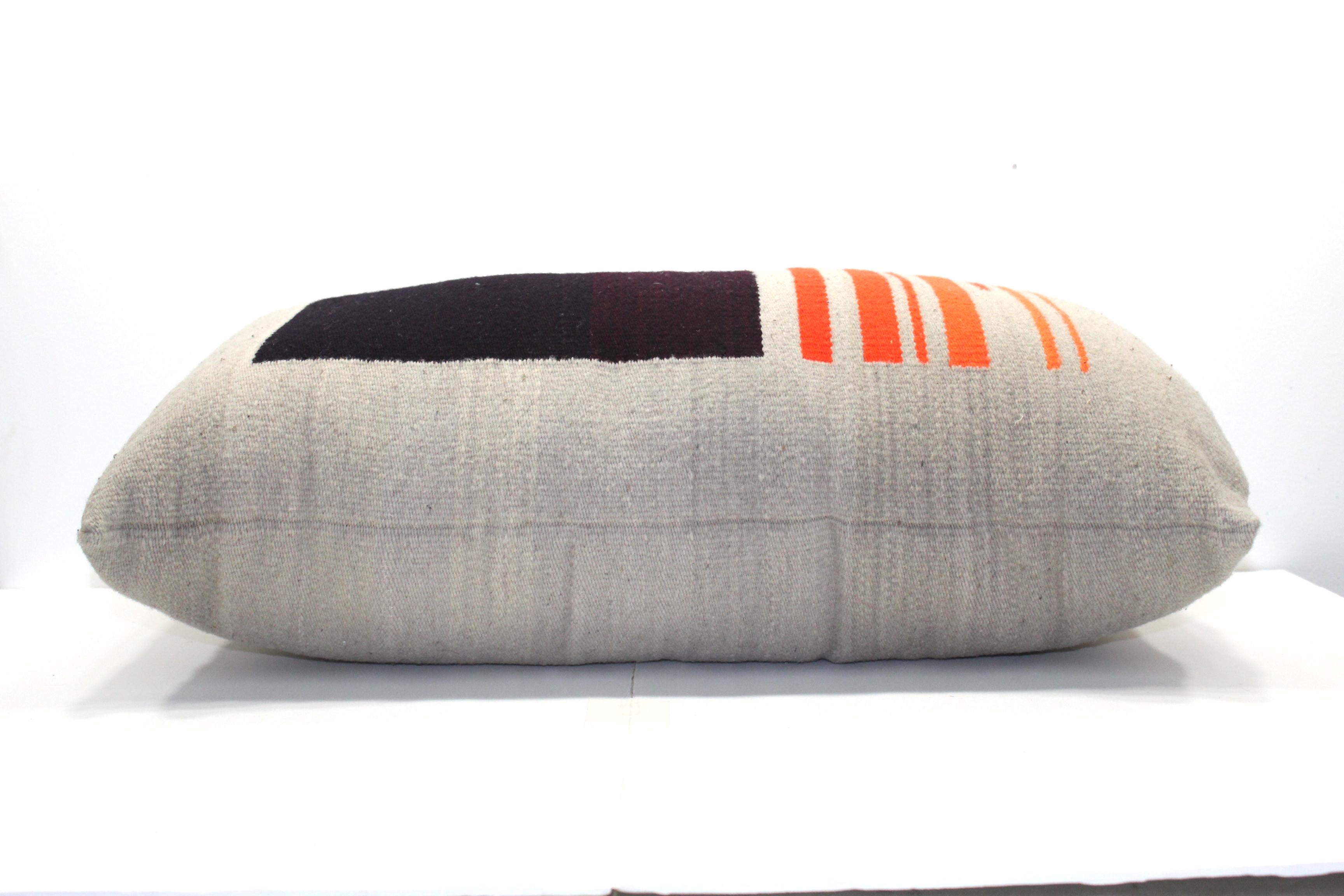 Contemporary Bespoke Handwoven Wool Throw Pillow, Natural Dye, Red, Orange and Grey