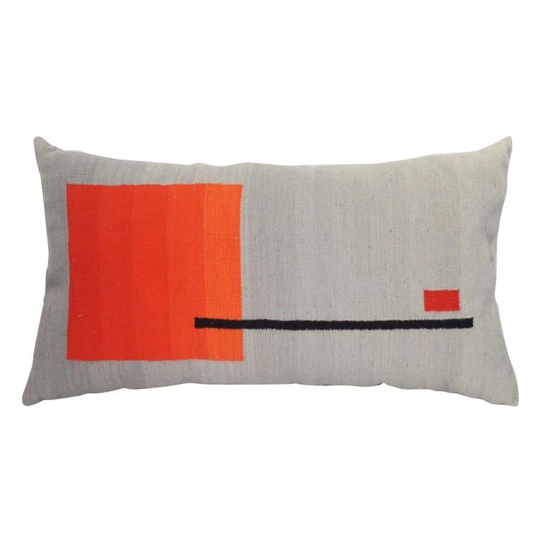 Bespoke Handwoven Wool Throw Pillow, Natural Dye, Red, Orange and Grey