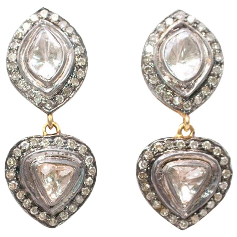 Bespoke Indian Clear Crystal Quartz & Diamond 14kt Gold Earrings For Sale