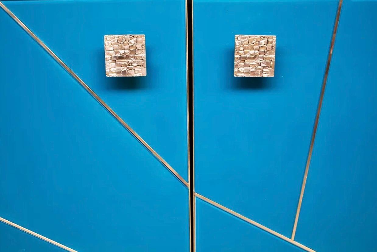 Organic Modern Bespoke Italian Abstract Branch Design 2-Door Turquoise Blue Glass Cabinet