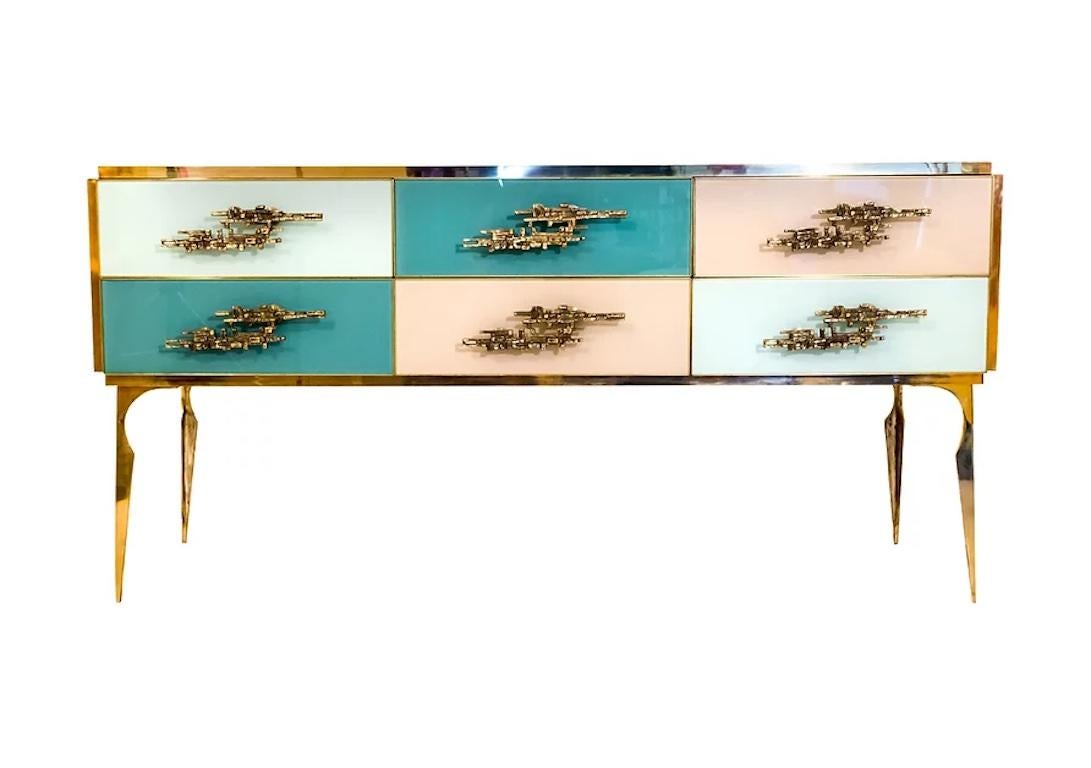 Brass Bespoke Italian Abstract Branch Design 2-Door Turquoise Blue Glass Cabinet