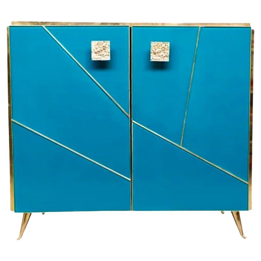 Meuble de rangement italien sur mesure à 2 portes en verre bleu turquoise à motif de branche abstraite