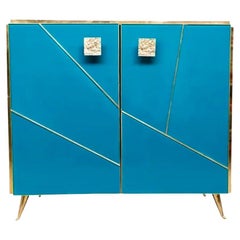 Bespoke Italian Abstract Branch Design 2-Door Turquoise Blue Glass Cabinet