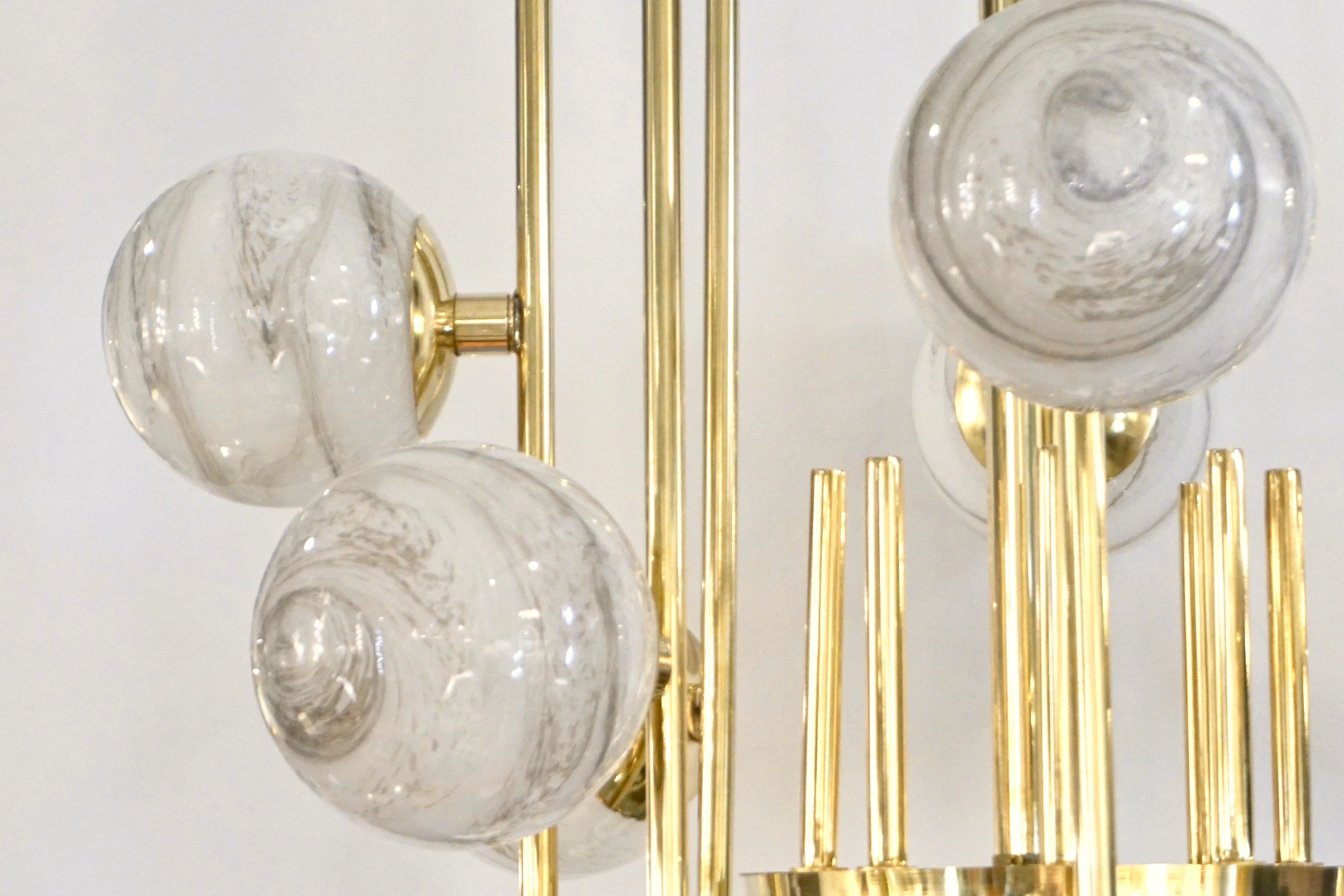 Bespoke Italian Alabaster White Murano Glass Brass Curved Globe Chandelier For Sale 3