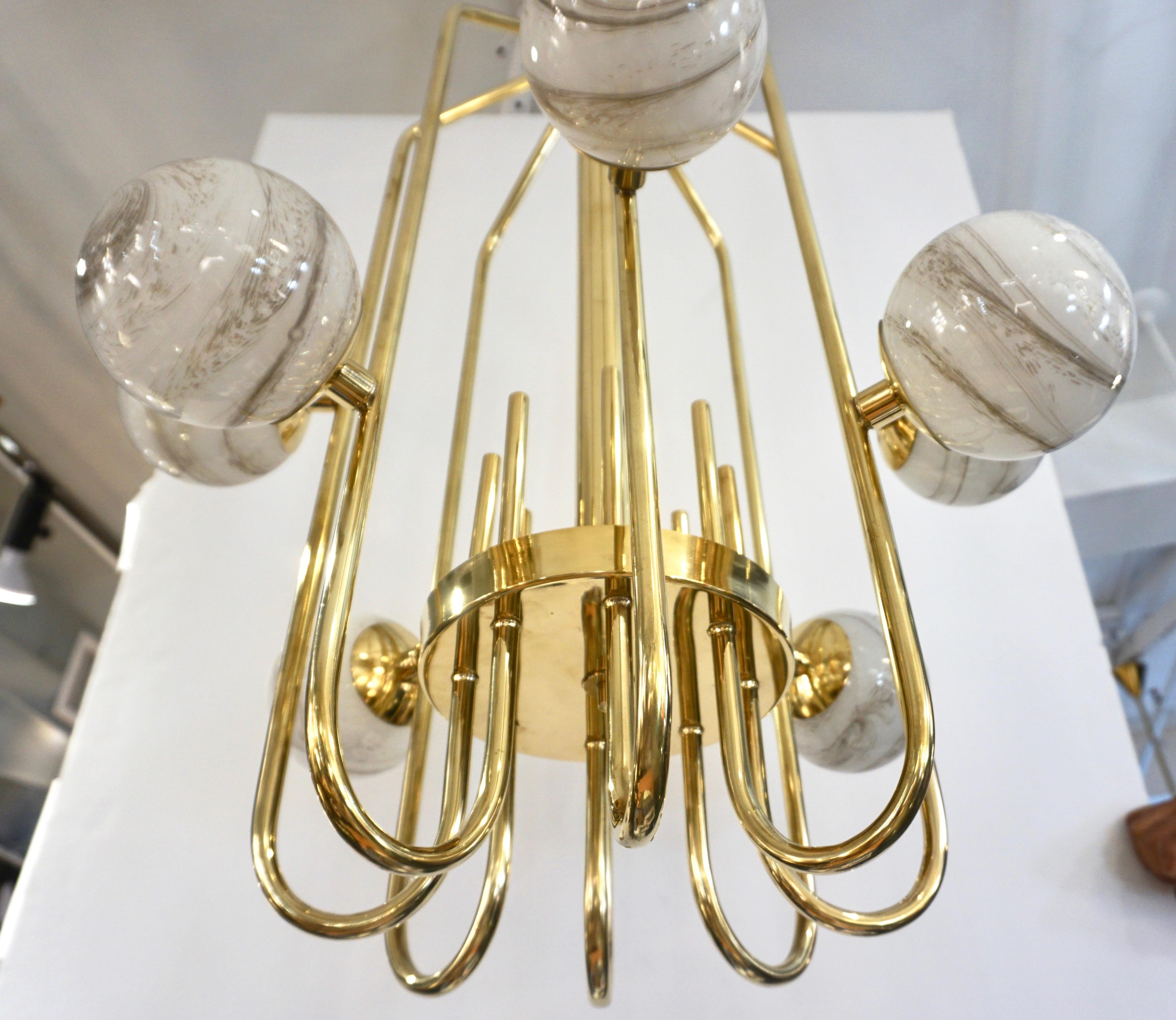 Bespoke Italian Alabaster White Murano Glass Brass Curved Globe Chandelier For Sale 4