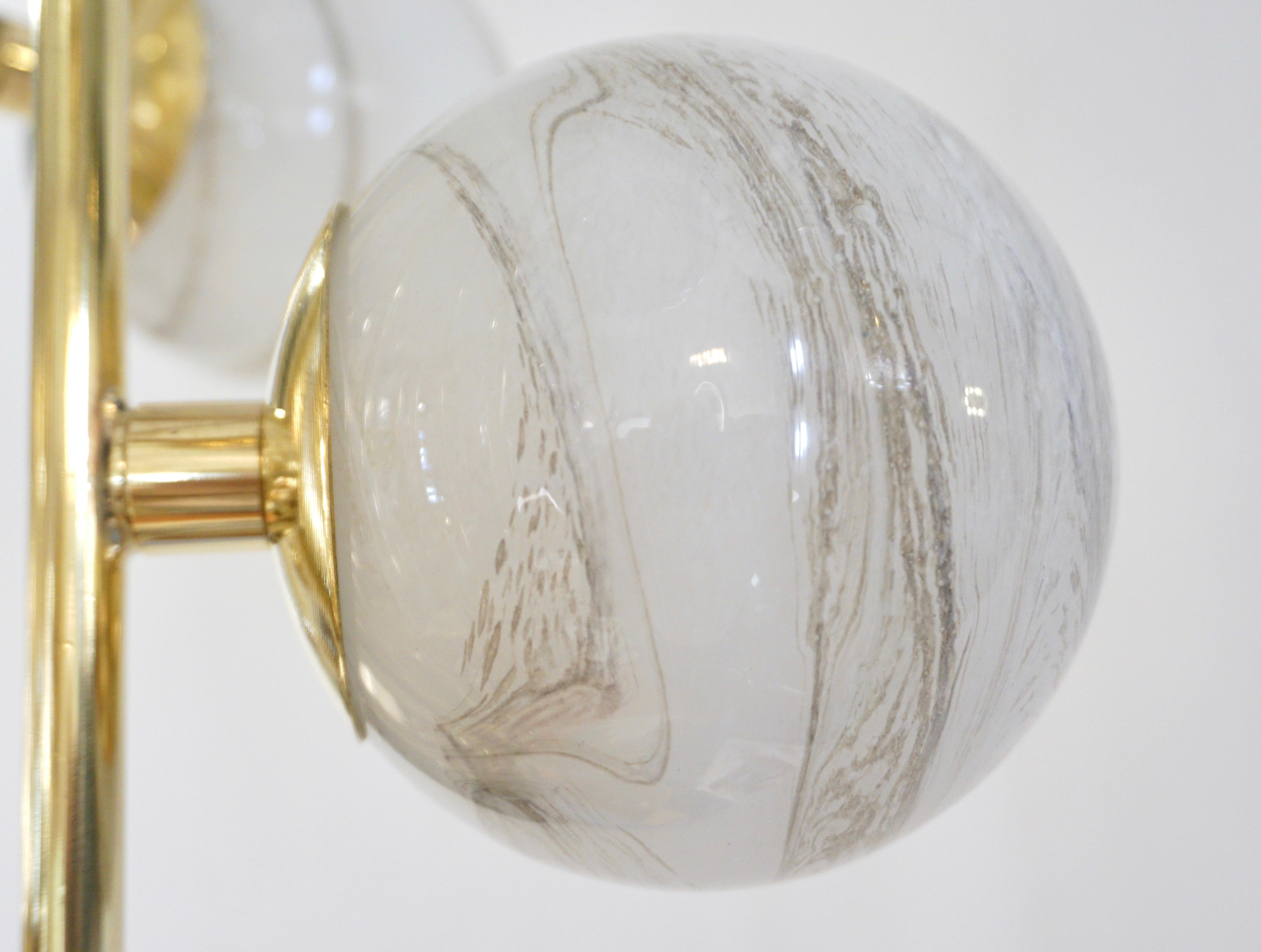 Bespoke Italian Alabaster White Murano Glass Brass Curved Globe Chandelier For Sale 6