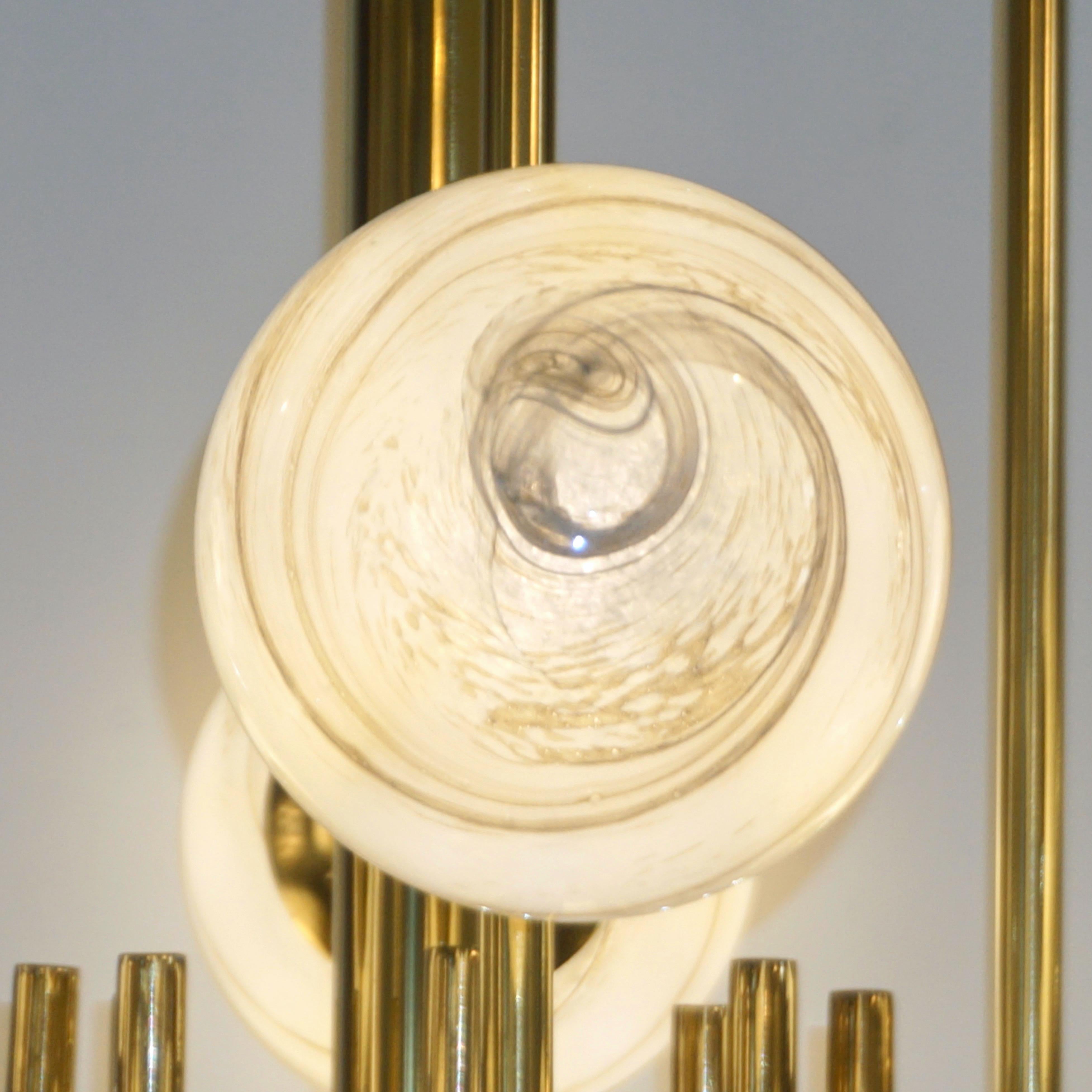 Bespoke Italian Alabaster White Murano Glass Brass Curved Globe Chandelier For Sale 9