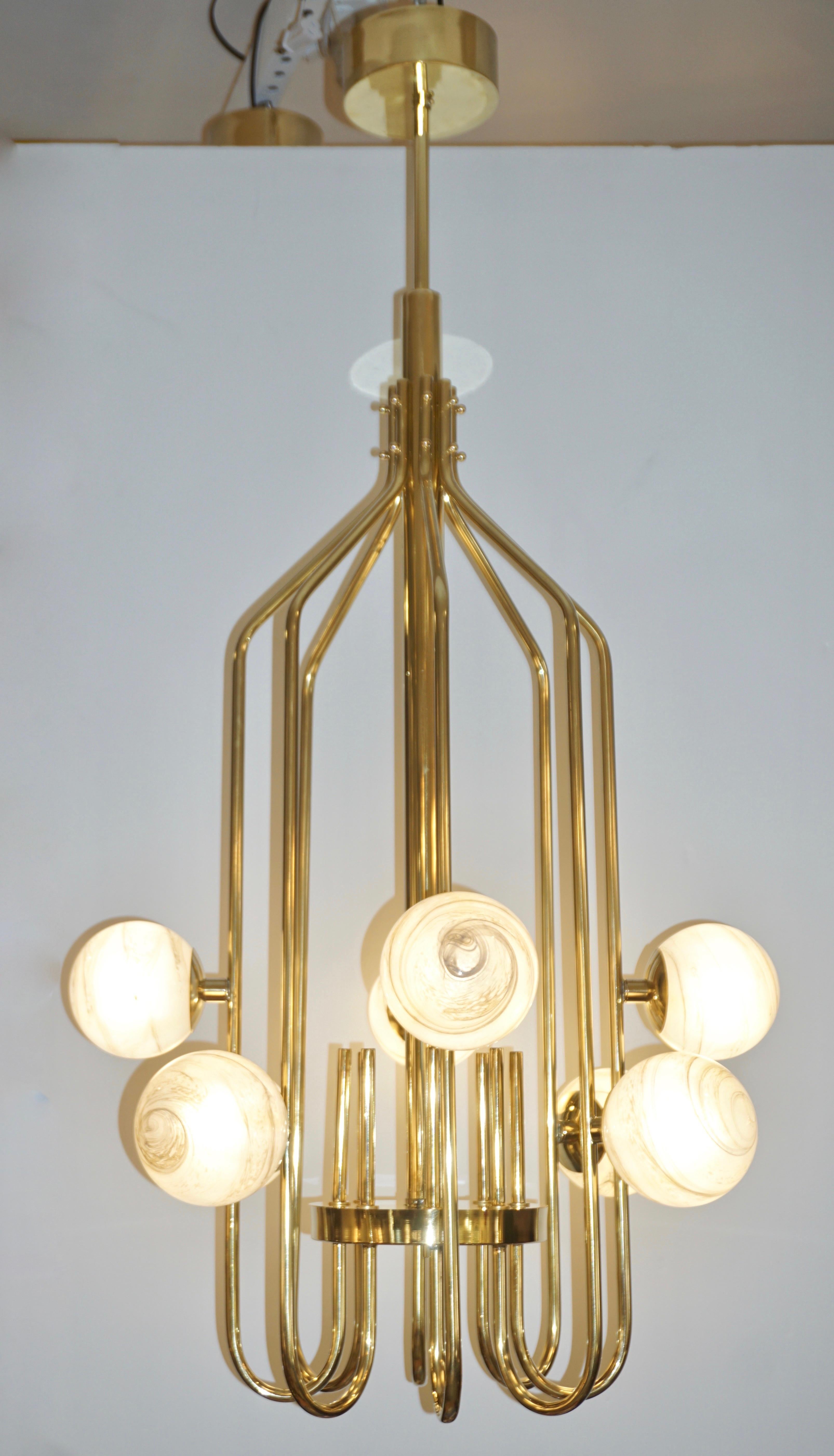 Bespoke Italian Alabaster White Murano Glass Brass Curved Globe Chandelier For Sale 9