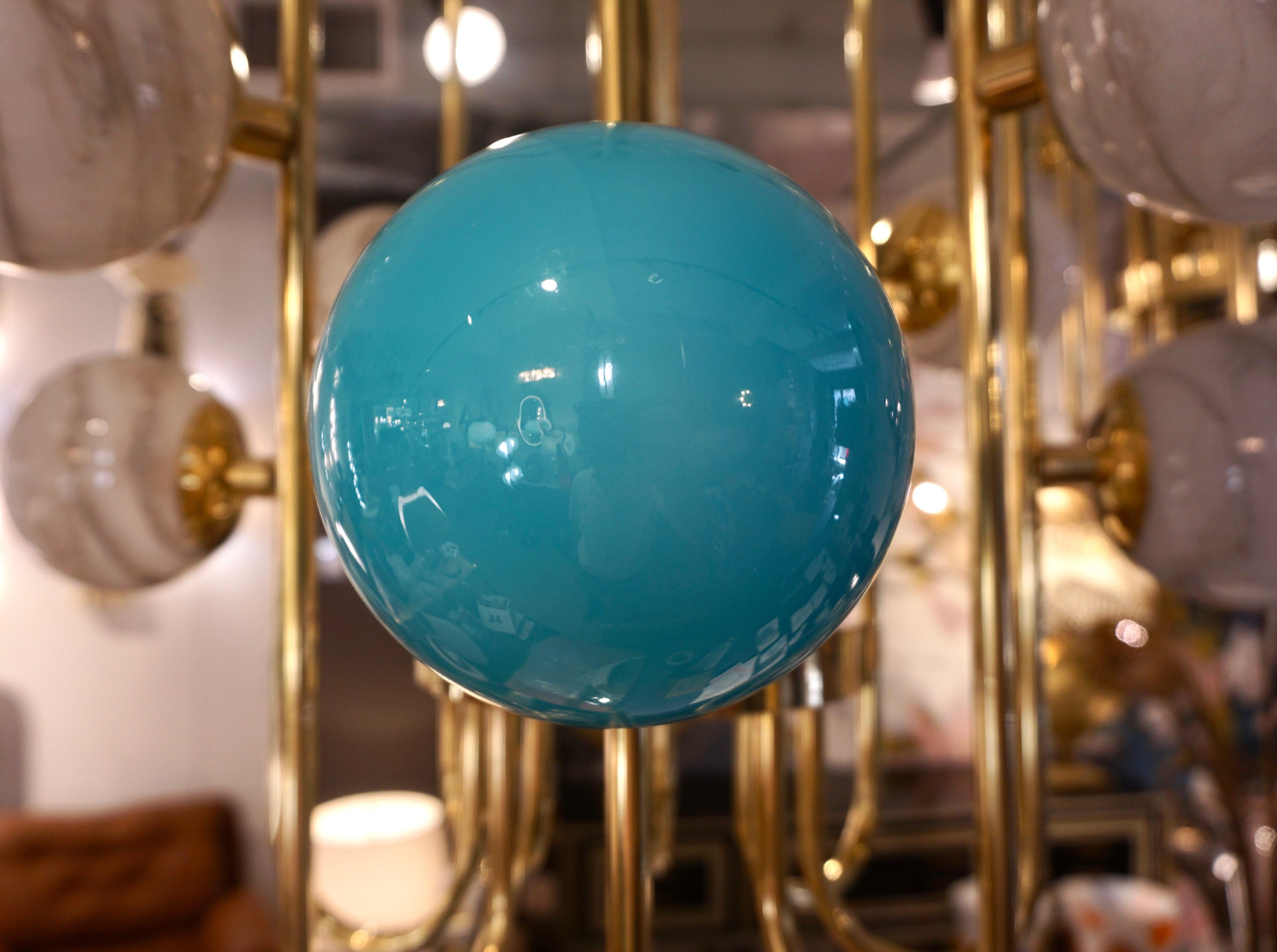 Bespoke Italian Alabaster White Murano Glass Brass Curved Globe Chandelier For Sale 11