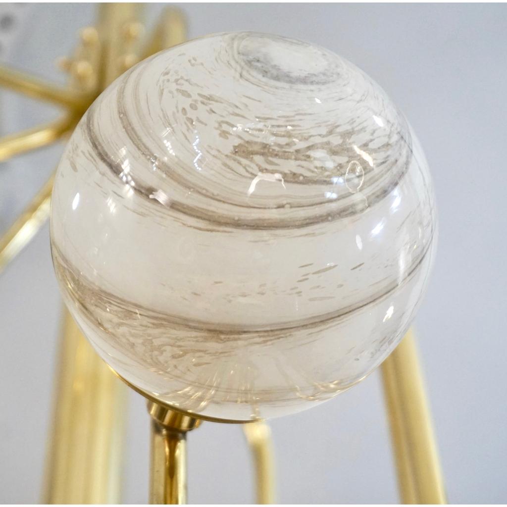 Organic Modern Bespoke Italian Alabaster White Murano Glass Brass Curved Globe Chandelier For Sale