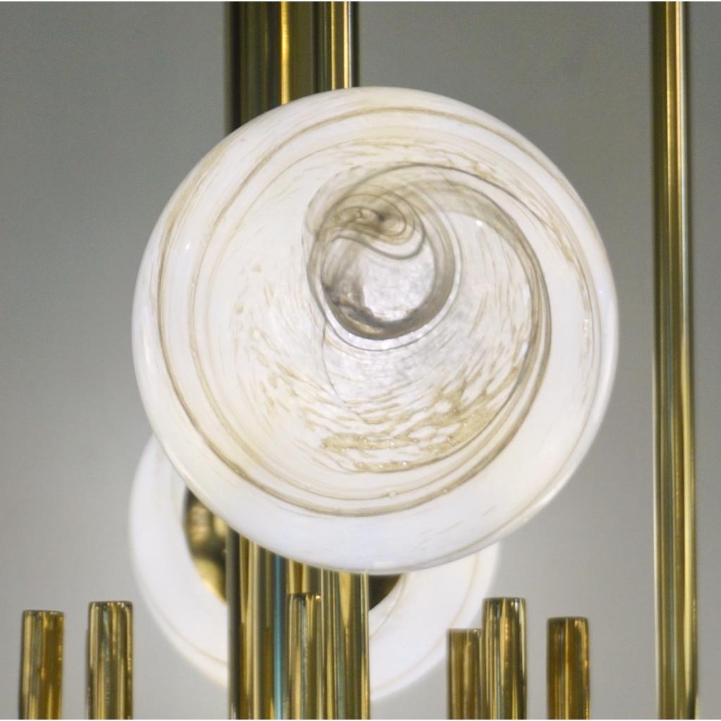 Hand-Crafted Bespoke Italian Alabaster White Murano Glass Brass Curved Globe Chandelier For Sale