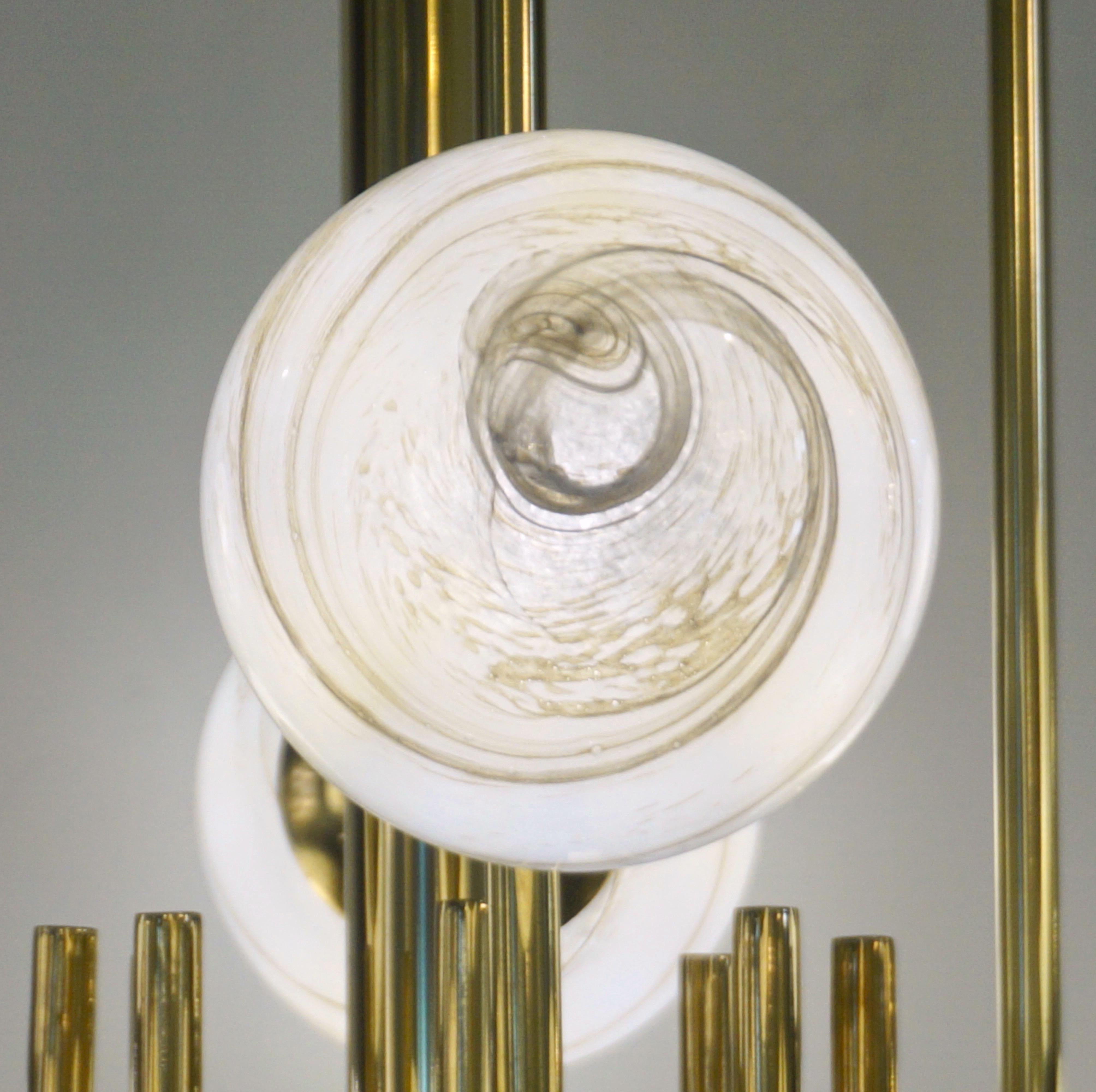 Organic Modern Bespoke Italian Alabaster White Murano Glass Brass Curved Globe Chandelier For Sale