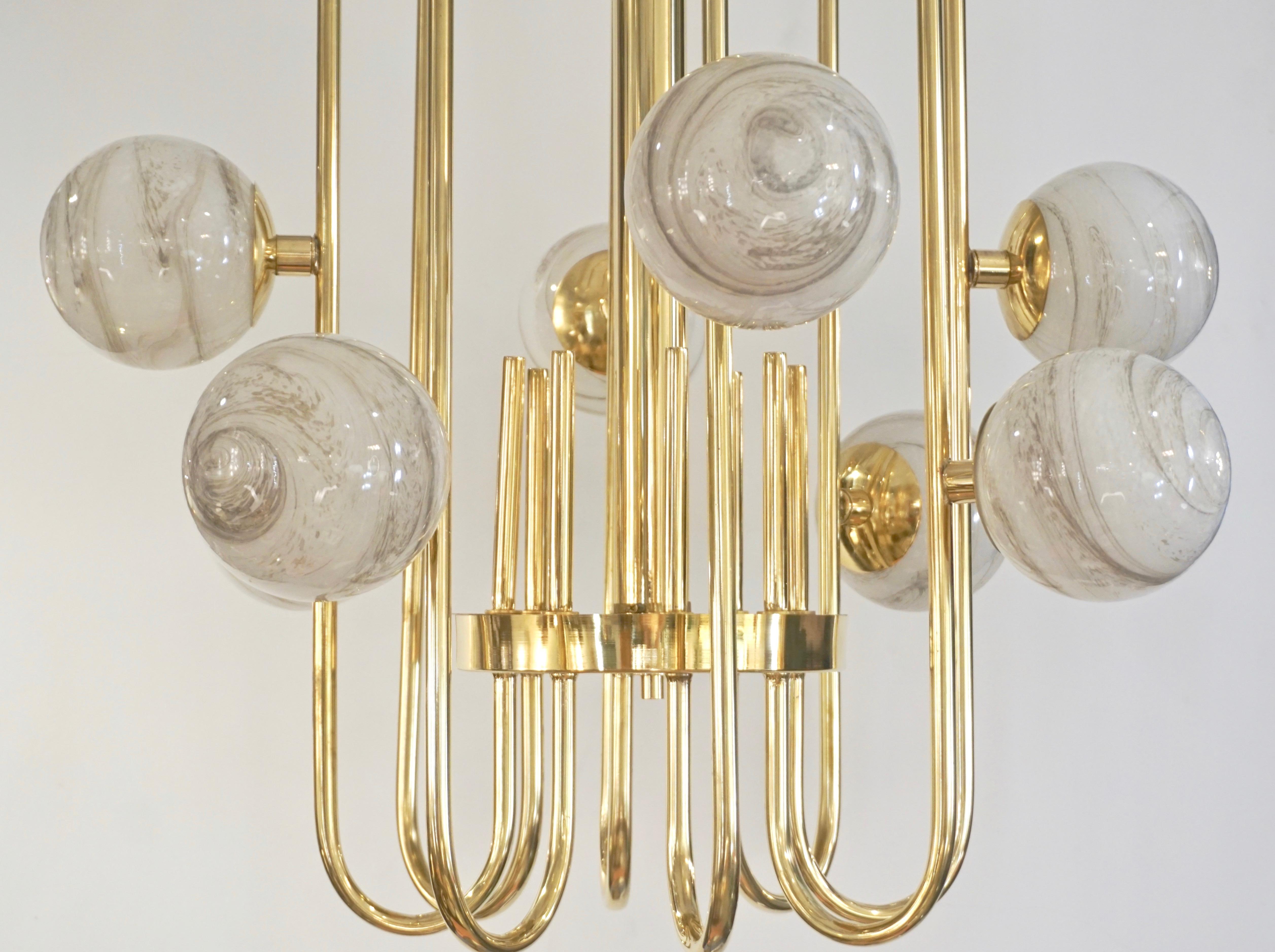 Hand-Crafted Bespoke Italian Alabaster White Murano Glass Brass Curved Globe Chandelier For Sale
