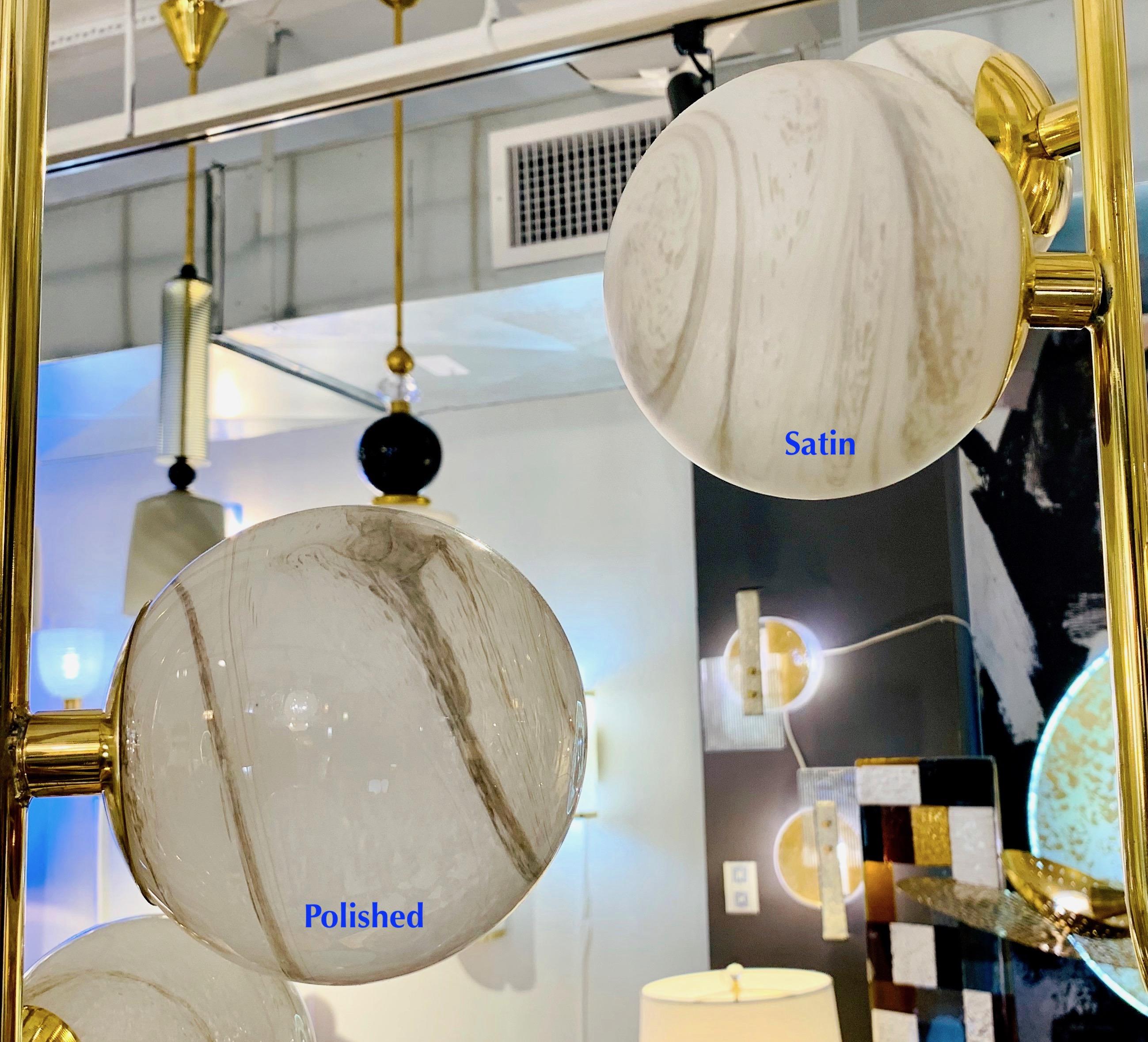 Bespoke Italian Alabaster White Murano Glass Brass Curved Globe Chandelier For Sale 2