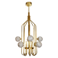 Bespoke Italian Alabaster White Murano Glass Brass Curved Globe Chandelier