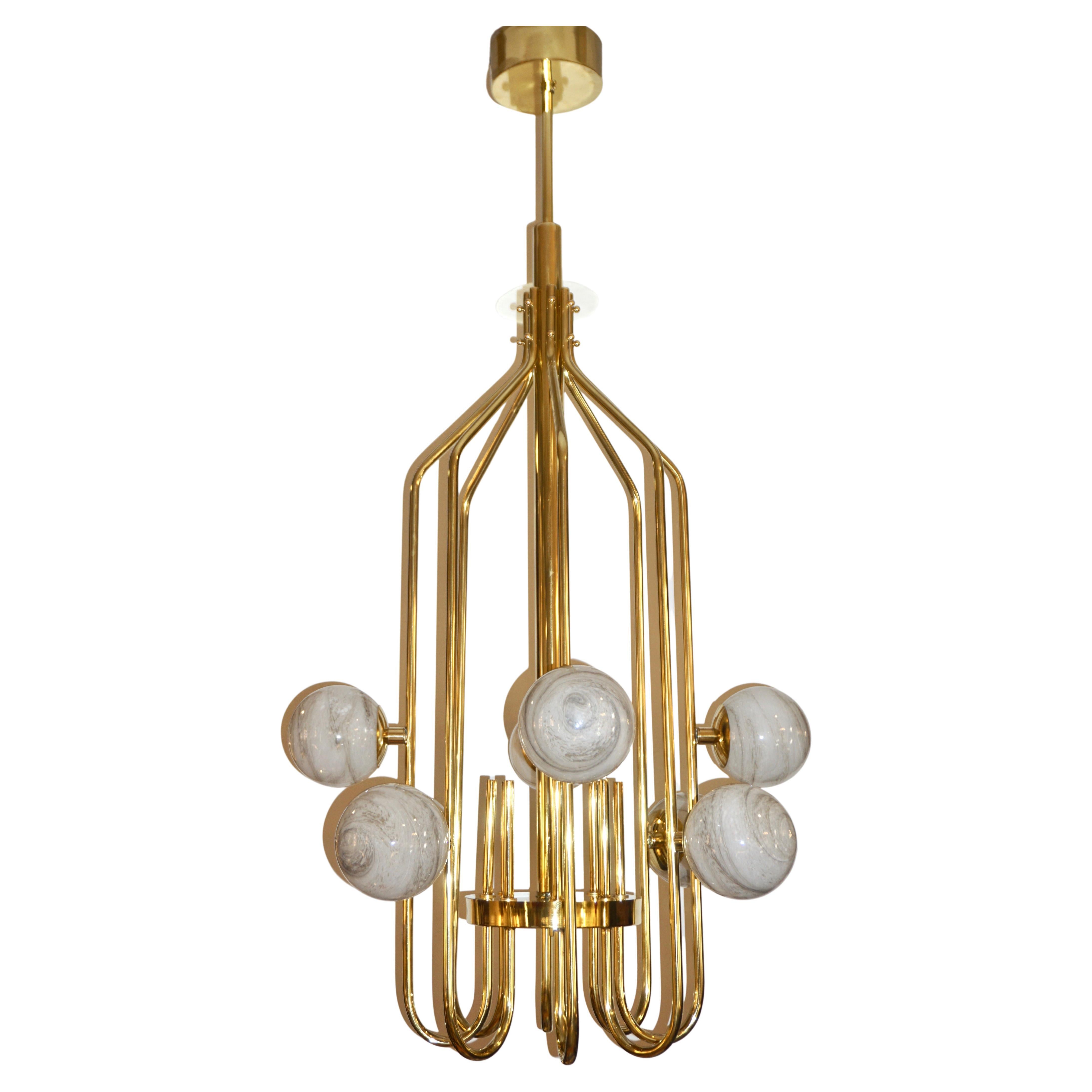 Bespoke Italian Alabaster White Murano Glass Brass Curved Globe Chandelier